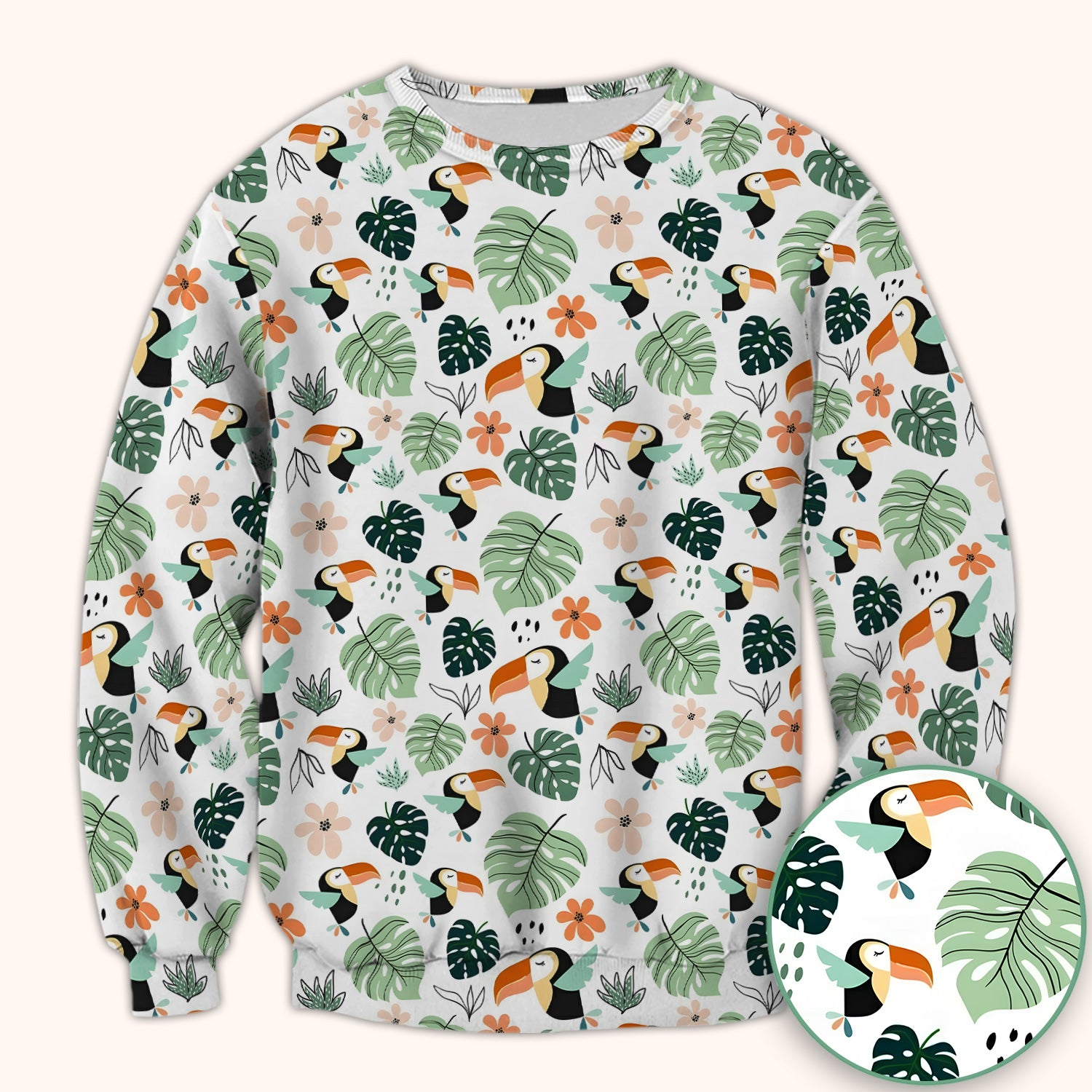 Tropical Toucan Leaf Floral Pattern Scrub Top, Comfortable Scrubs for Nurses