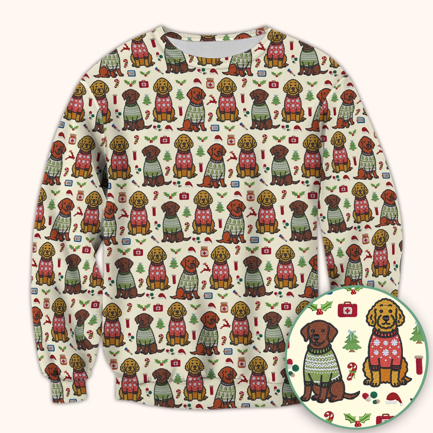 Golden Retriever Christmas Scrub Top, Cute Holiday Dog Nurse Pattern Shirt, Breathable Fabrics Nursing Uniform