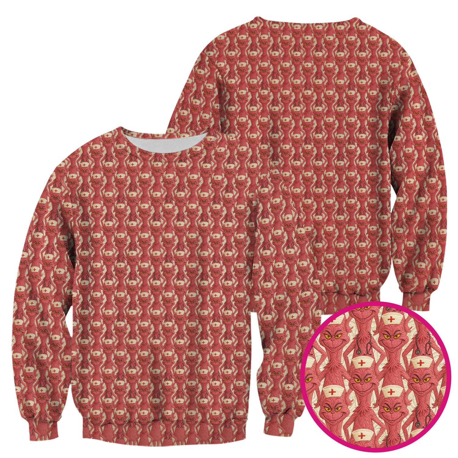 Funny Red Grinch Nurse Scrub Top - Cartoon Grinch Pattern Scrub Shirt Multi Color - Cute Christmas Holiday Nursing Workwear