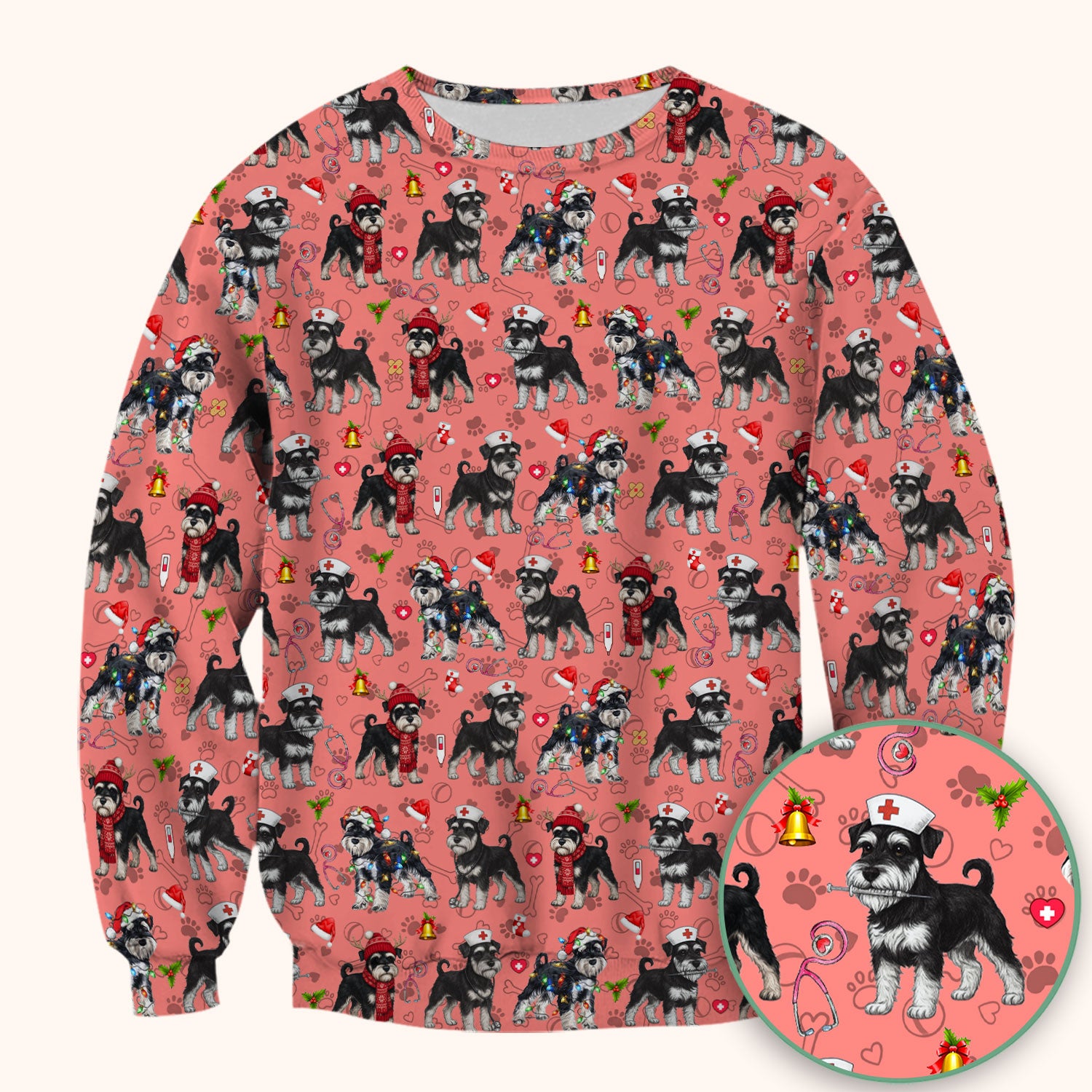 Christmas Schnauzer Scrubs for Nurses - Cute Dog Holiday Scrub Top - Funny Santa Nursing Medical Shirt for Women