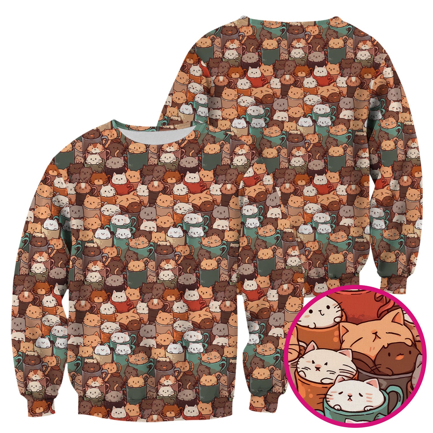 Cute Coffee Cat Scrub Top, Cozy Kittens in Mug Pattern Nurse Shirt, Breathable Fabrics Nursing Uniform