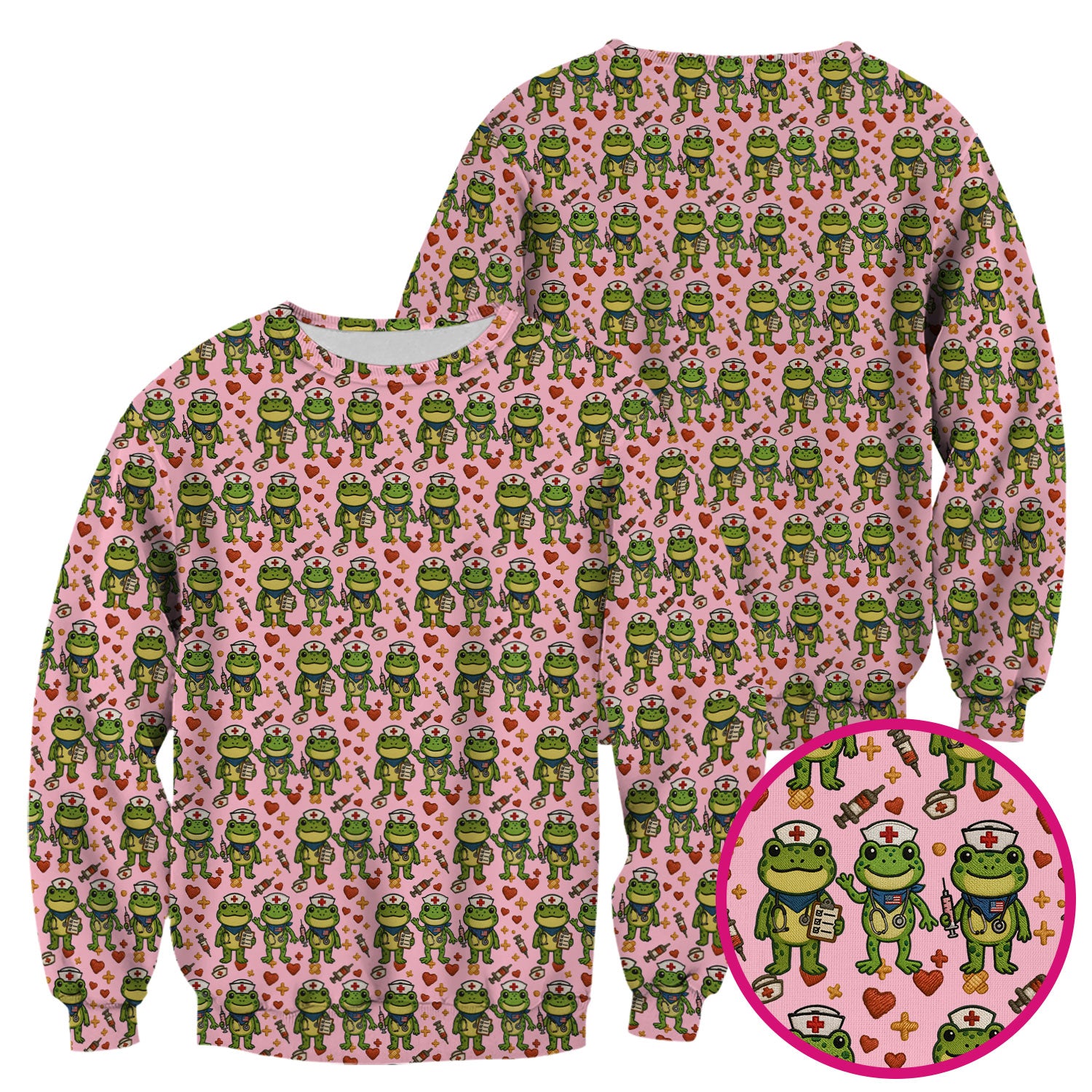 Frog Pattern Scrub Top, Cute Frog Scrub Shirt, Breathable Fabrics Nursing Uniform