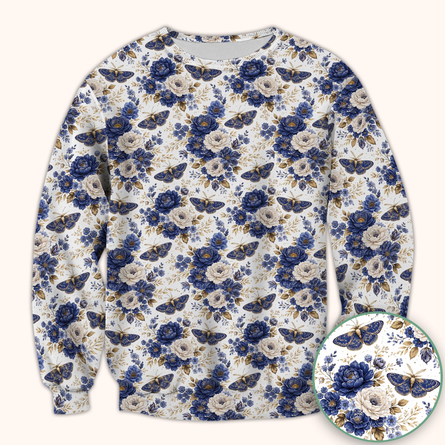 Cute Blue Floral Moth Pattern Scrub Top, Comfortable Scrubs for Nurses