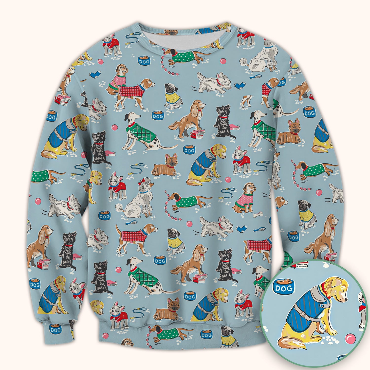 Cute Dog Wearing Sweater Playing Ball Pattern Scrub Top, Comfortable Scrubs for Nurses