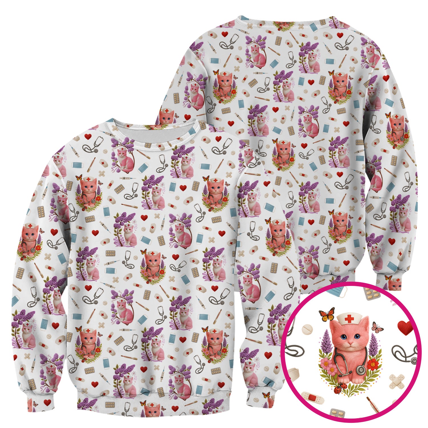 Pink Cat Print Medical Scrub Top - Cute Nurse Shirt for Women - Funny Pattern Gift for RN LPN CNA Healthcare Workers