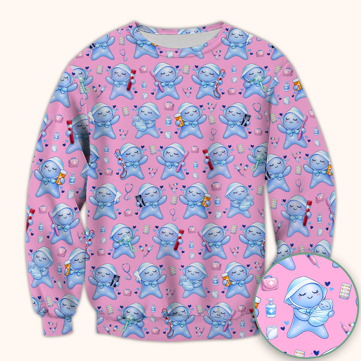 Cute Tooth Character Dental Tools Caring Pattern Scrub Top, Breathable Fabrics Nursing Uniform