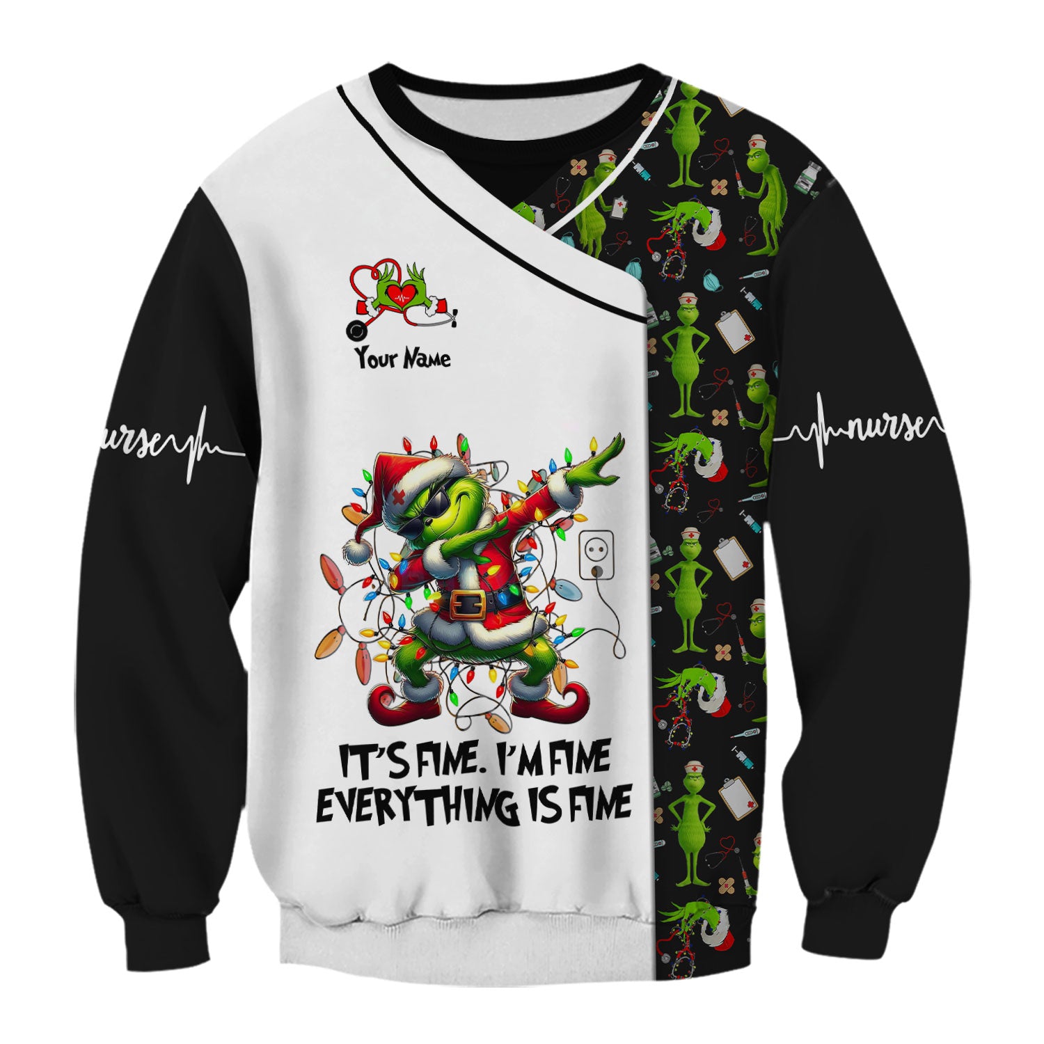Funny Grinch Christmas Nurse Scrub - Everything Is Fine Shirt - Holiday Medical Uniform for Women - Xmas Gift for RN LPN CNA
