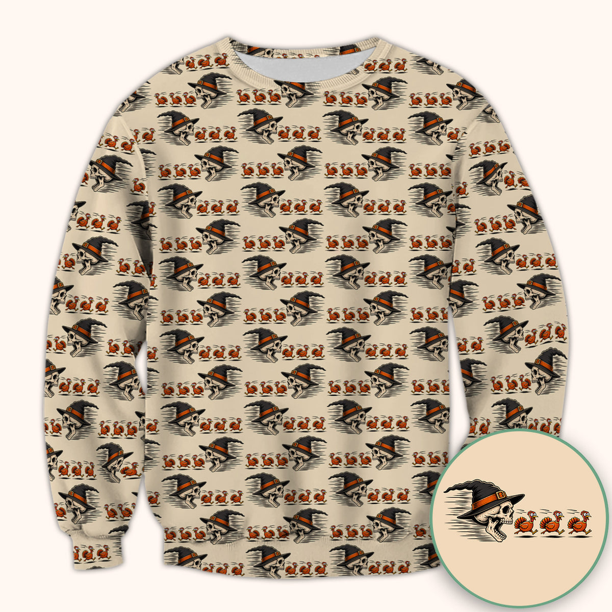 Funny Thanksgiving Skull Chasing Turkeys Pattern Scrub Top, Comfortable Scrubs for Nurses
