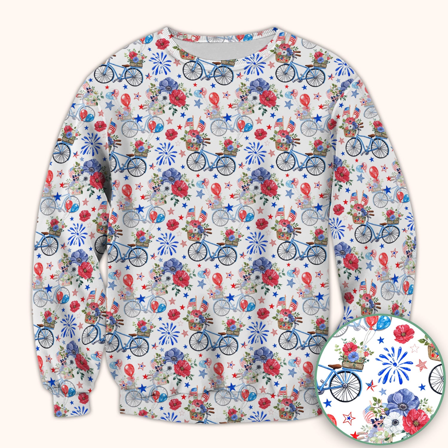 Patriotic Bicycle Floral Fireworks Print Scrub Top, Comfortable Scrubs for Nurses