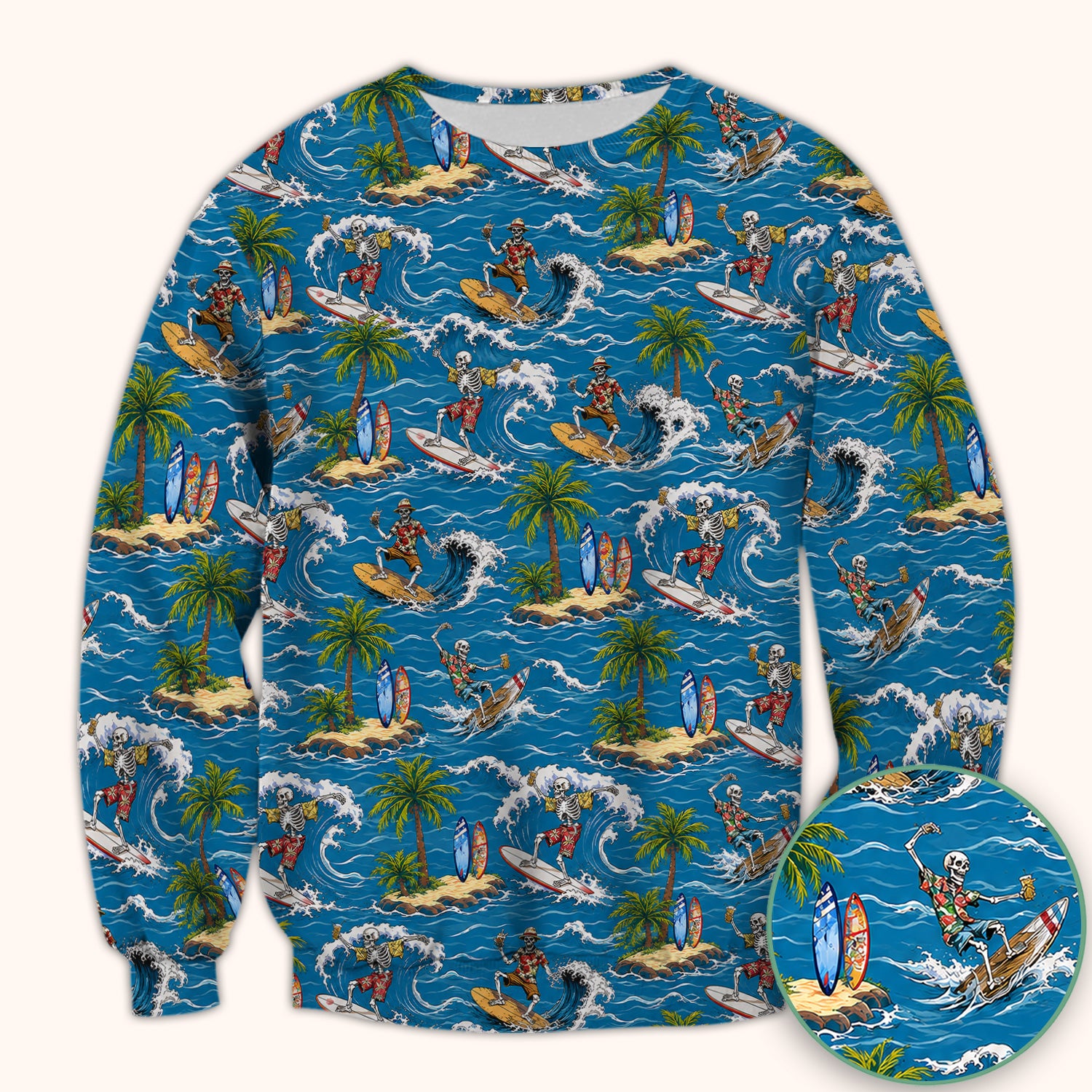 Spooky Tropical Skeleton Surfer Pattern Scrub Top, Comfortable Scrubs for Nurses