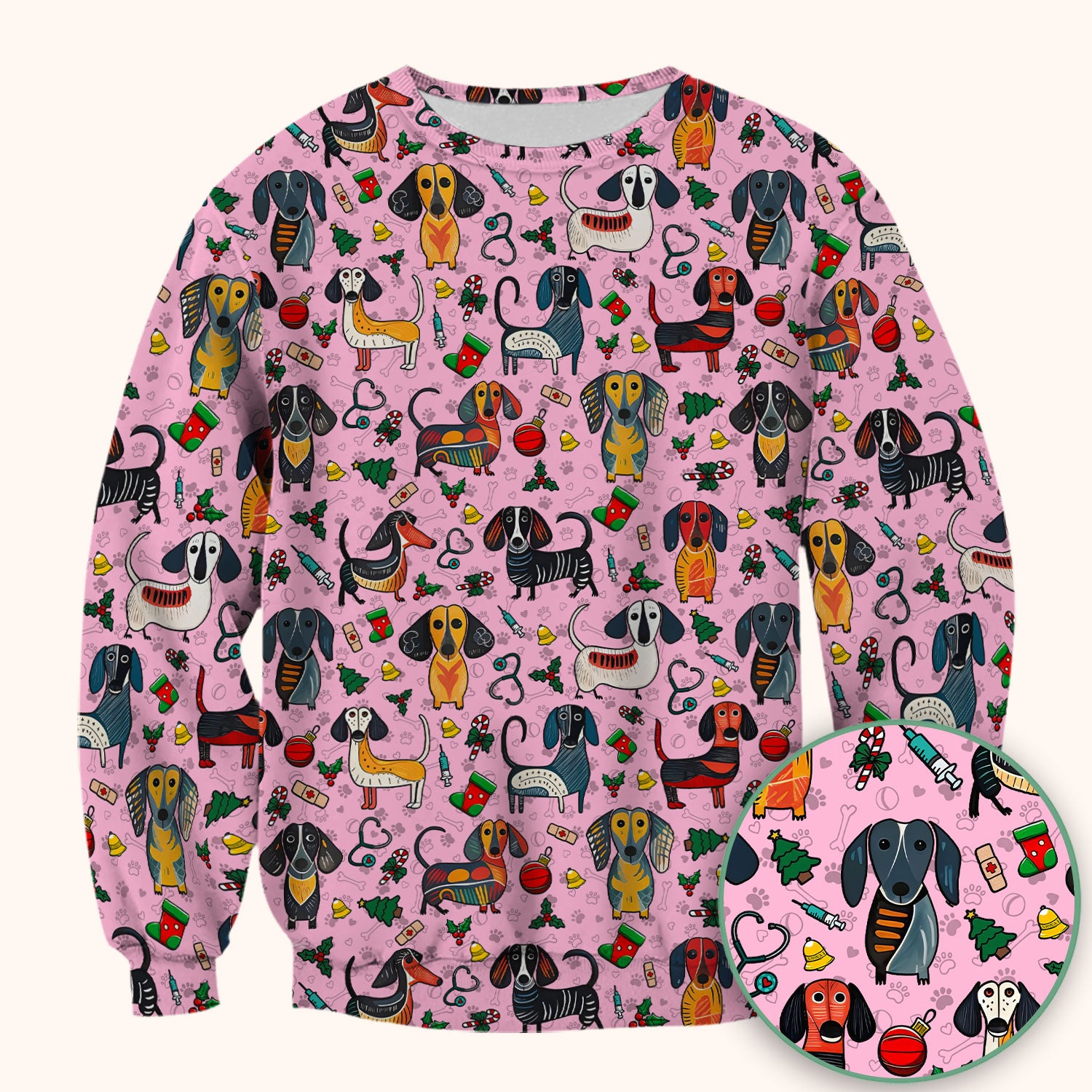 Christmas Wiener Dog Scrub Top - Funny Sausage Dog Nurse Shirt for Women - Holiday Medical Uniform
