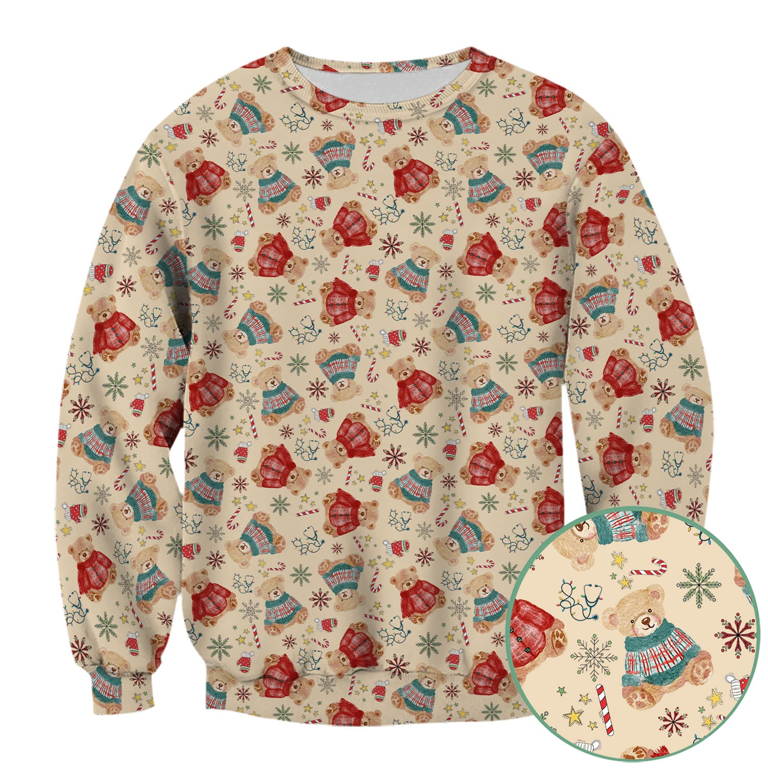 Christmas Bear Scrub Top - Cute Holiday Teddy Print Scrubs for Nurses - Funny Xmas Medical Scrub Shirt Gift for Women CNA RN