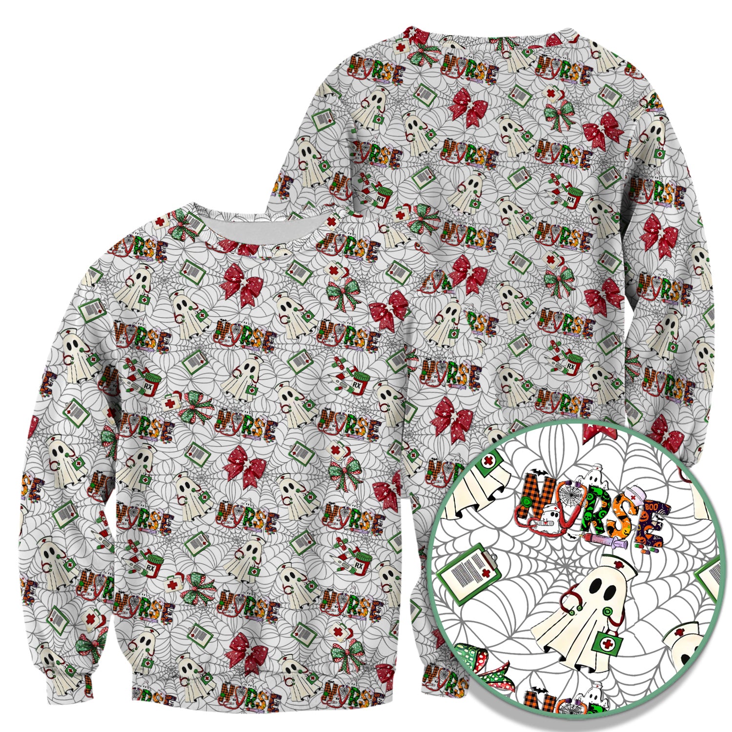 Halloween Nurse Scrub Top for Women - Cute Ghost and Spider Web Scrub Shirt Multi Color - Funny Nursing Work Shirt with Pockets