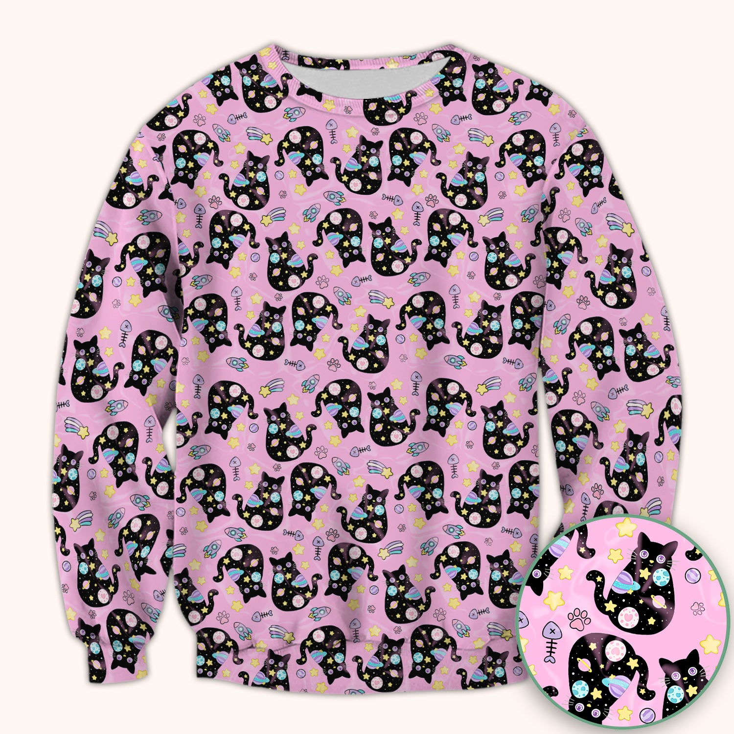 Galaxy Black Cat Space Pattern Scrub Top, Breathable Fabrics Nursing Uniform