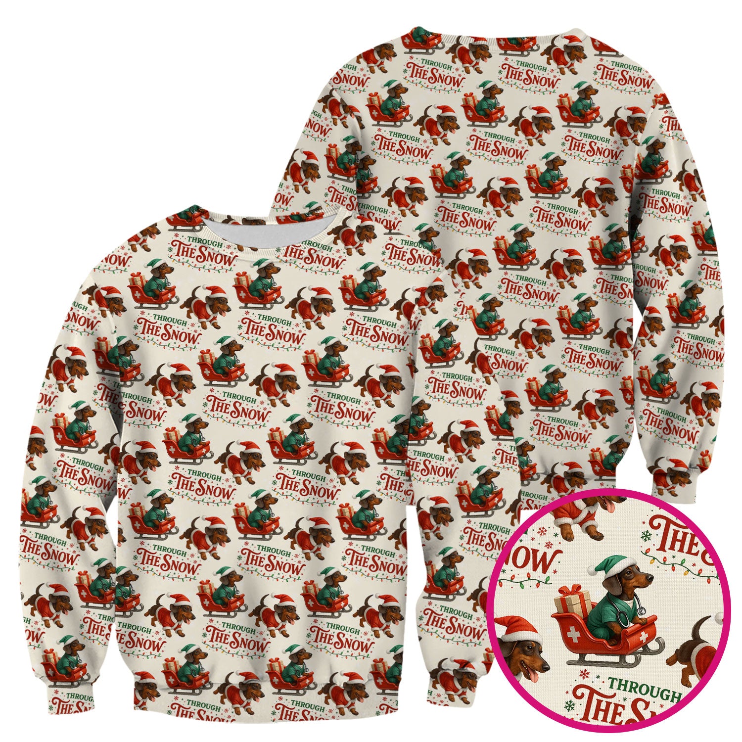 Dachshund Christmas Scrub Top, Cute Dog Nurse Scrub Shirt, Through The Snow Pattern Nursing Uniform