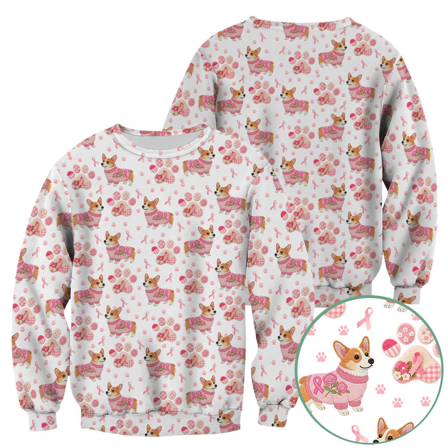 Corgi Pink Ribbon Scrub for Women - Breast Cancer Awareness Shirt - Floral Dog Paw Print Nursing Uniform - Support Gift