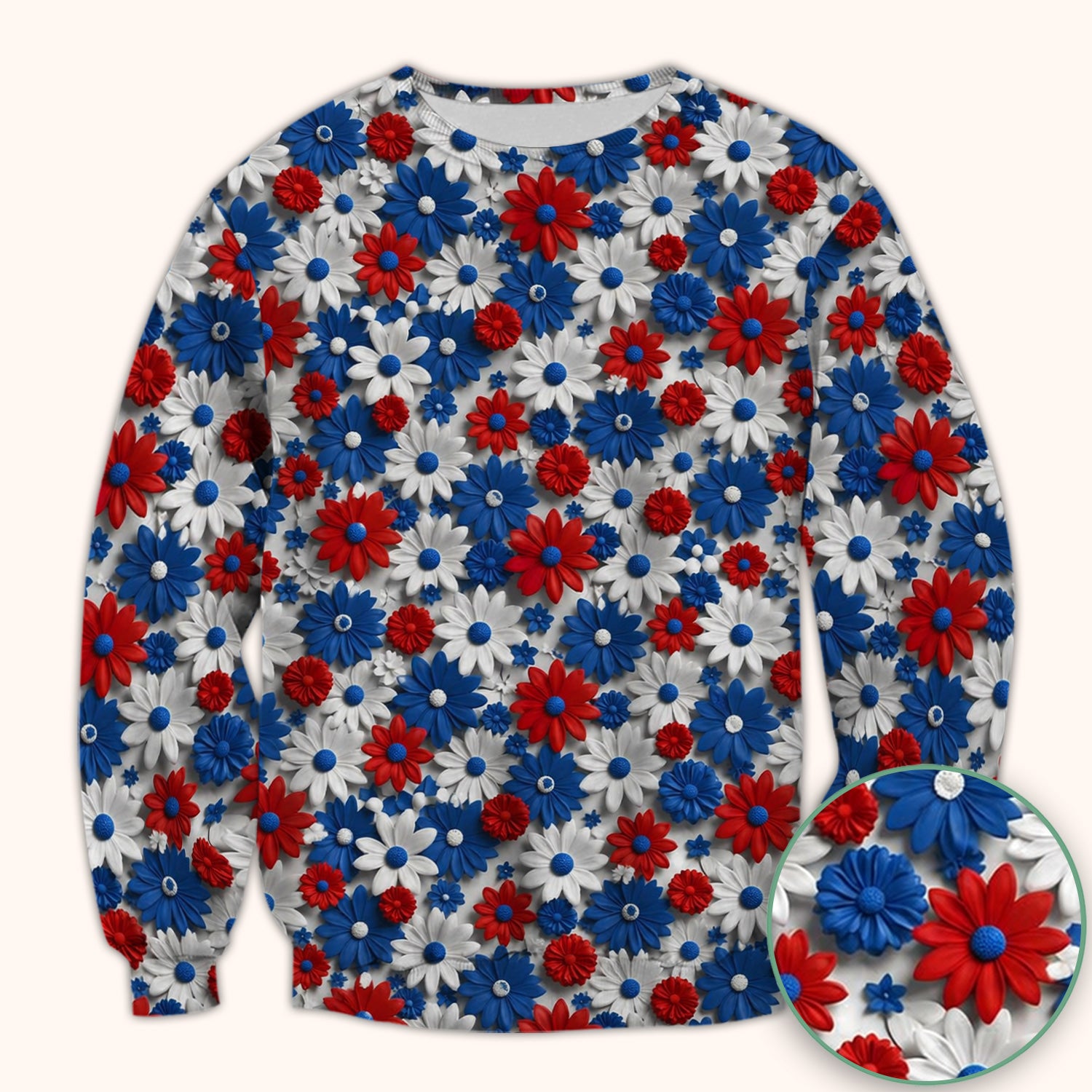 Patriotic Red Blue Daisy Floral Pattern Scrub Top, Comfortable Scrubs for Nurses