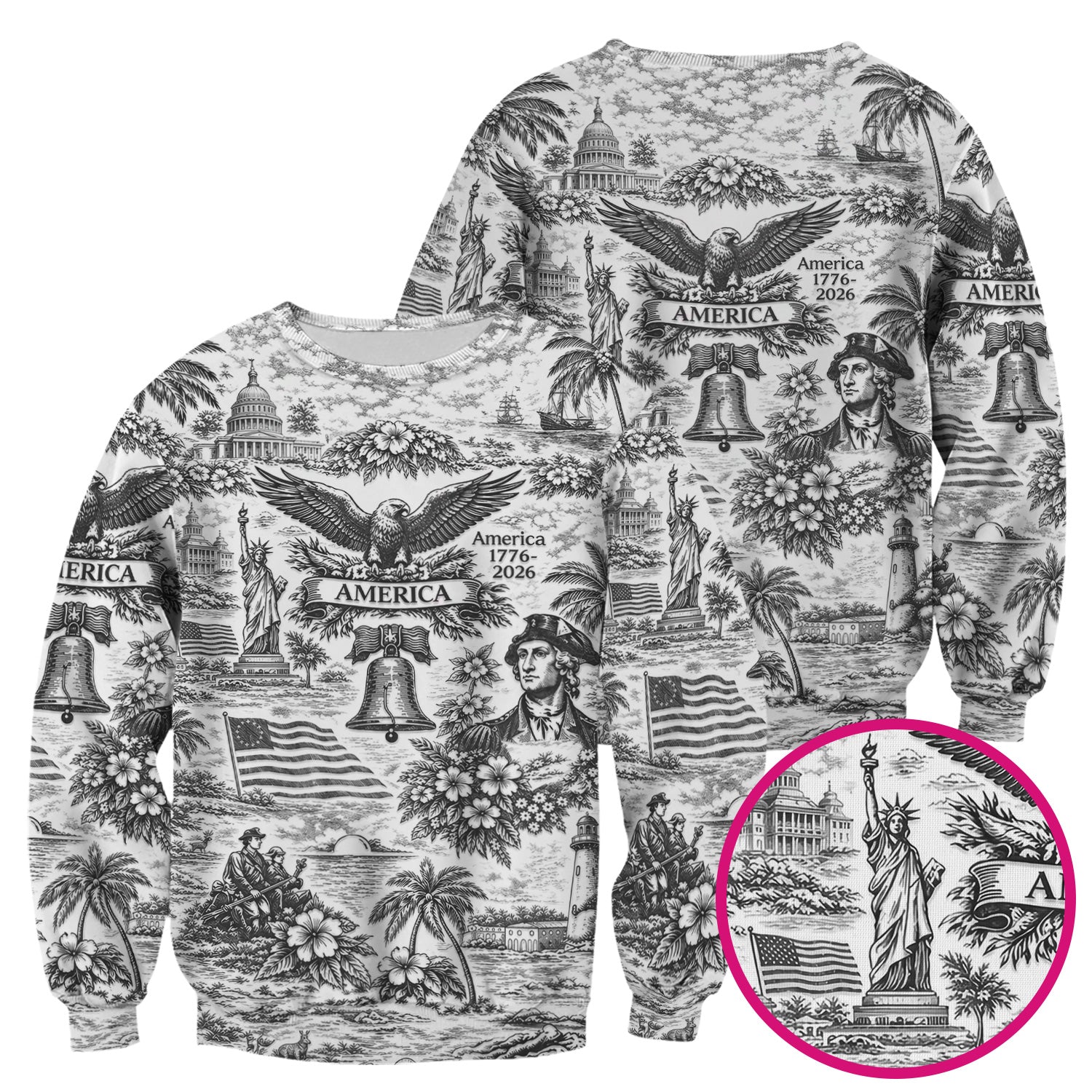 Patriotic America Heritage Toile Pattern Scrub Top, Breathable Fabrics Nursing Uniform