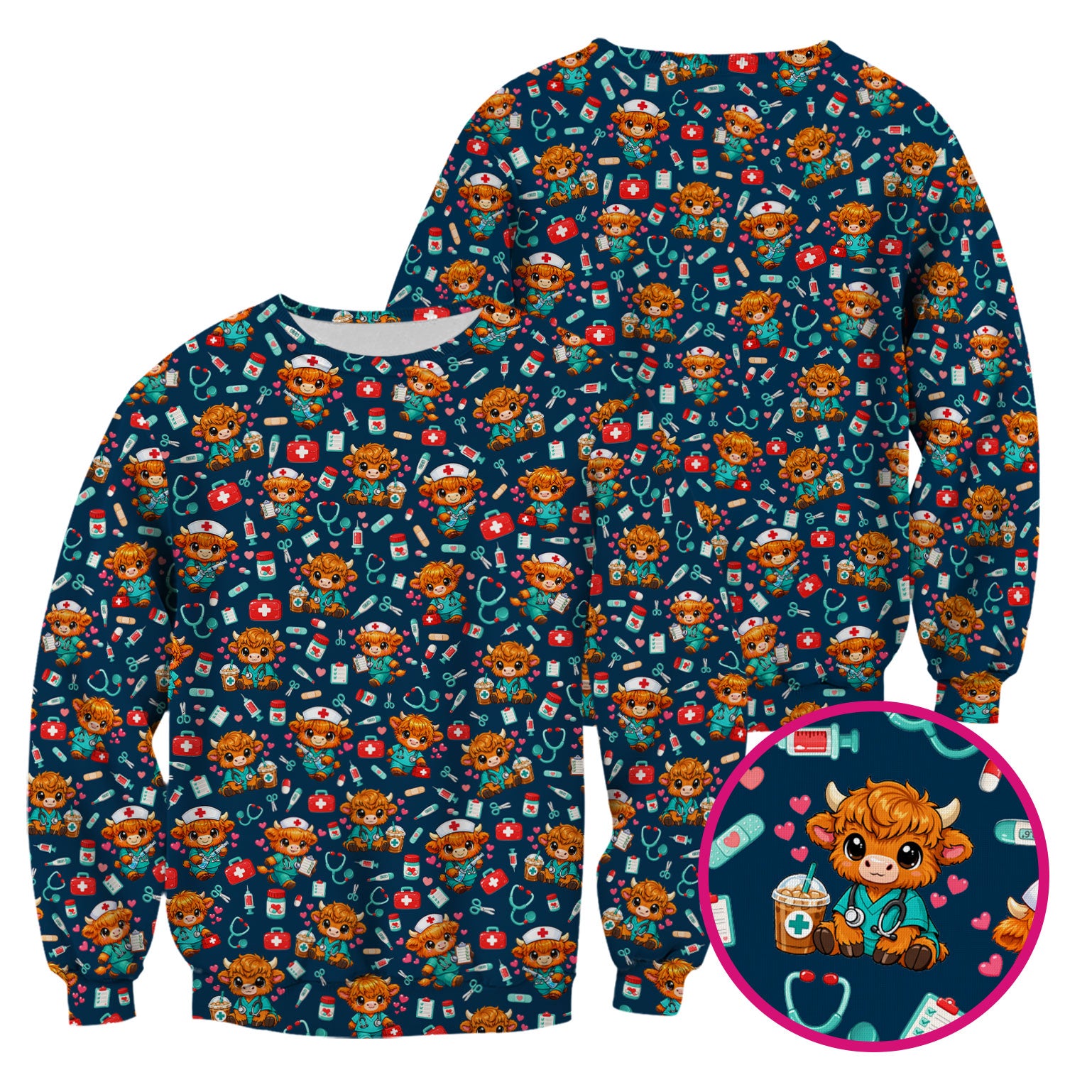 Cute Highland Cow Nurse Scrub Top, Kawaii Medical Pattern Shirt, Breathable Fabrics Nursing Uniform