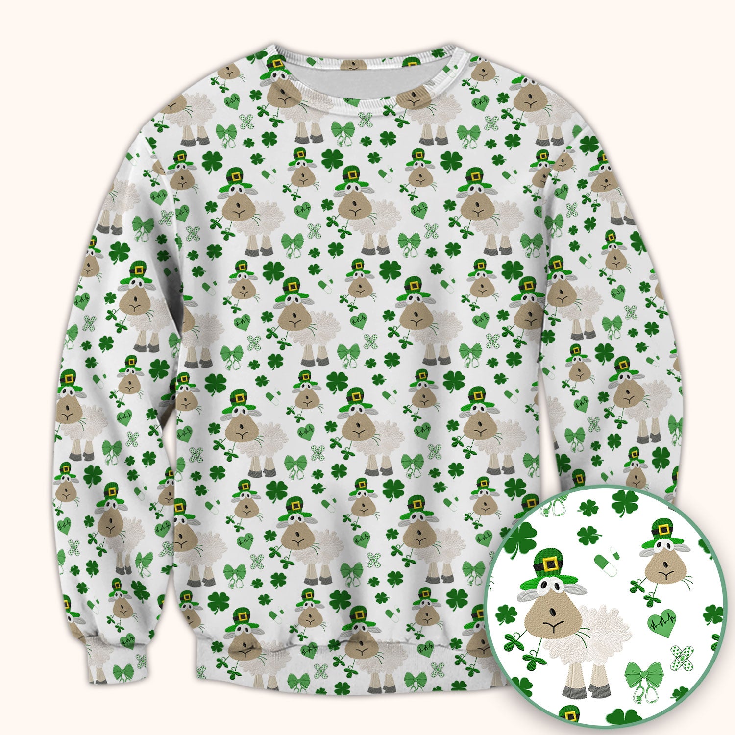 Nurse St. Patrick Scrubs Top, Cute Sheep Shamrock Pattern Nurse Shirt, Breathable Fabrics Nursing Uniform