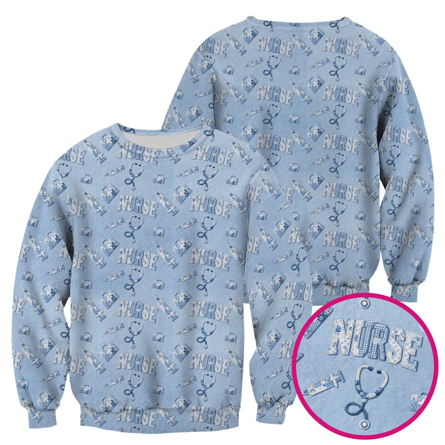 Blue Nurse Medical Pattern Scrub Top for Women, Breathable Nursing Uniform