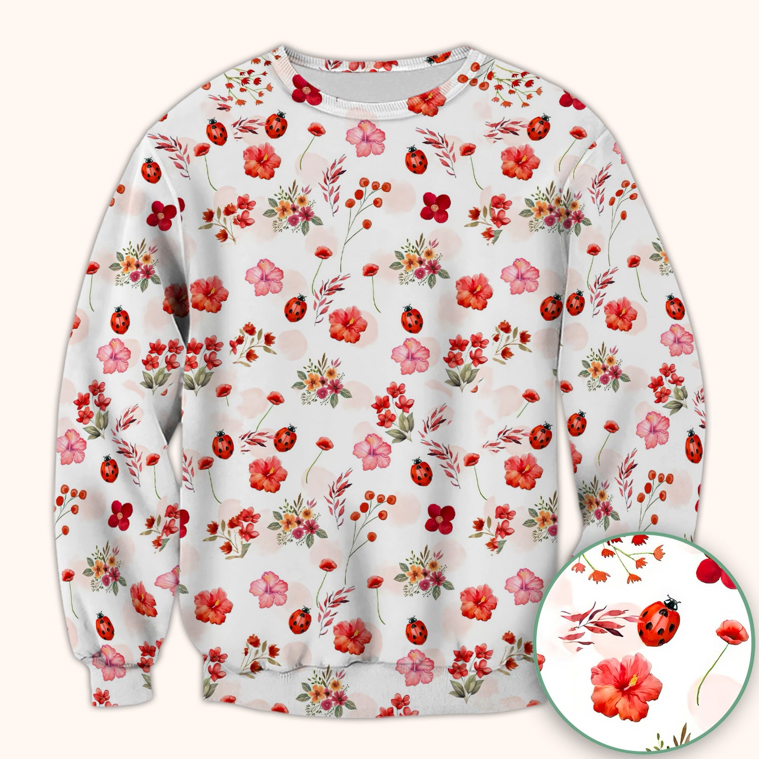 Red Ladybug Floral Garden Pattern Scrub Top, Comfortable Scrubs for Nurses