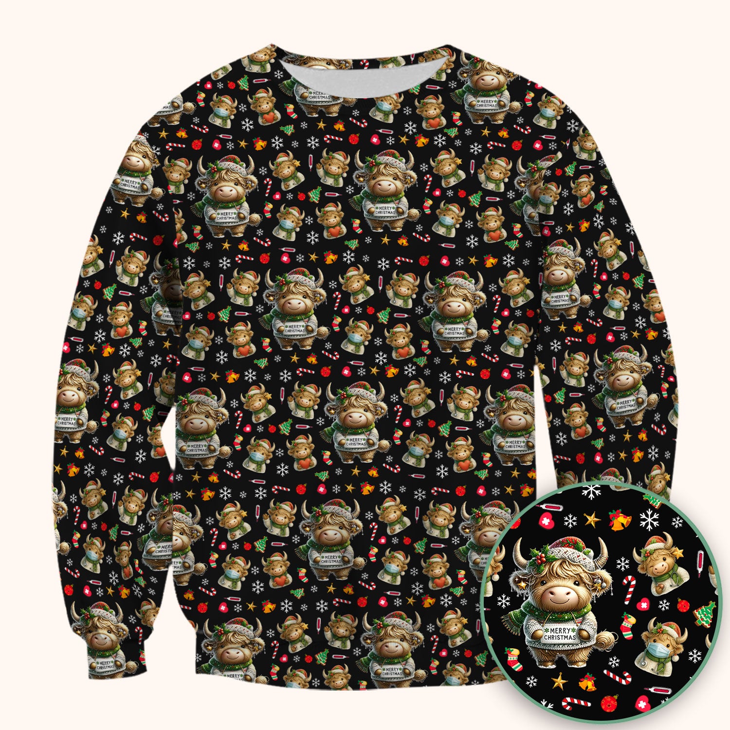 Highland Cow Christmas Scrub Top, Festive Cow Nurse Shirt With Holiday Pattern, Cute Medical Uniform For Women