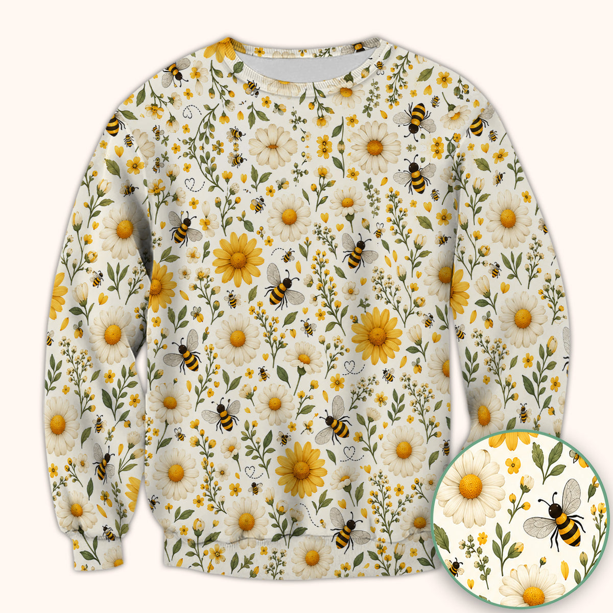 Cute Honey Bee And Daisy Pattern Scrub Top, Comfortable Scrubs for Nurses