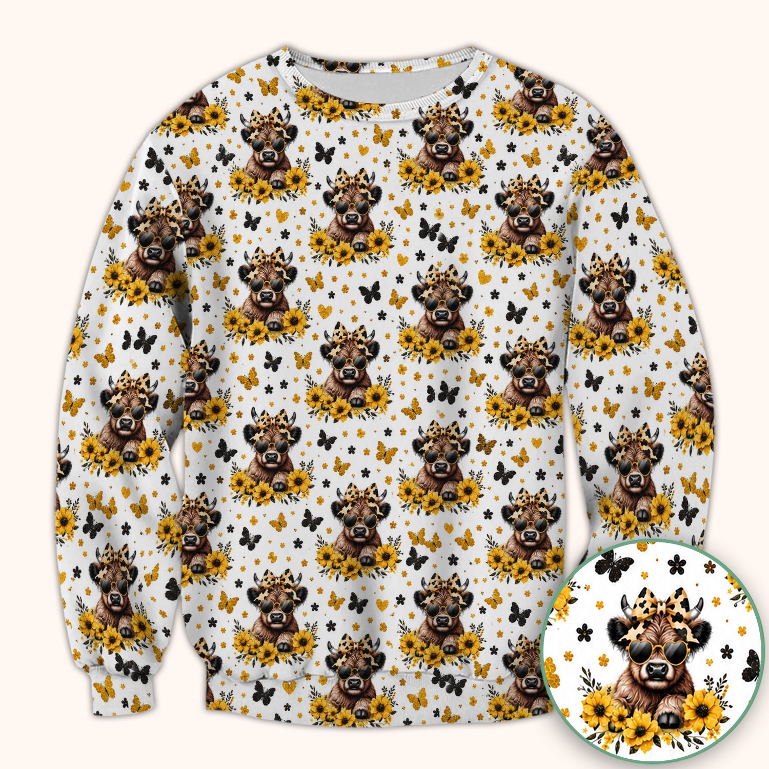 Cow With Sunflower Bow Pattern Scrub Top, Comfortable Scrubs for Nurses