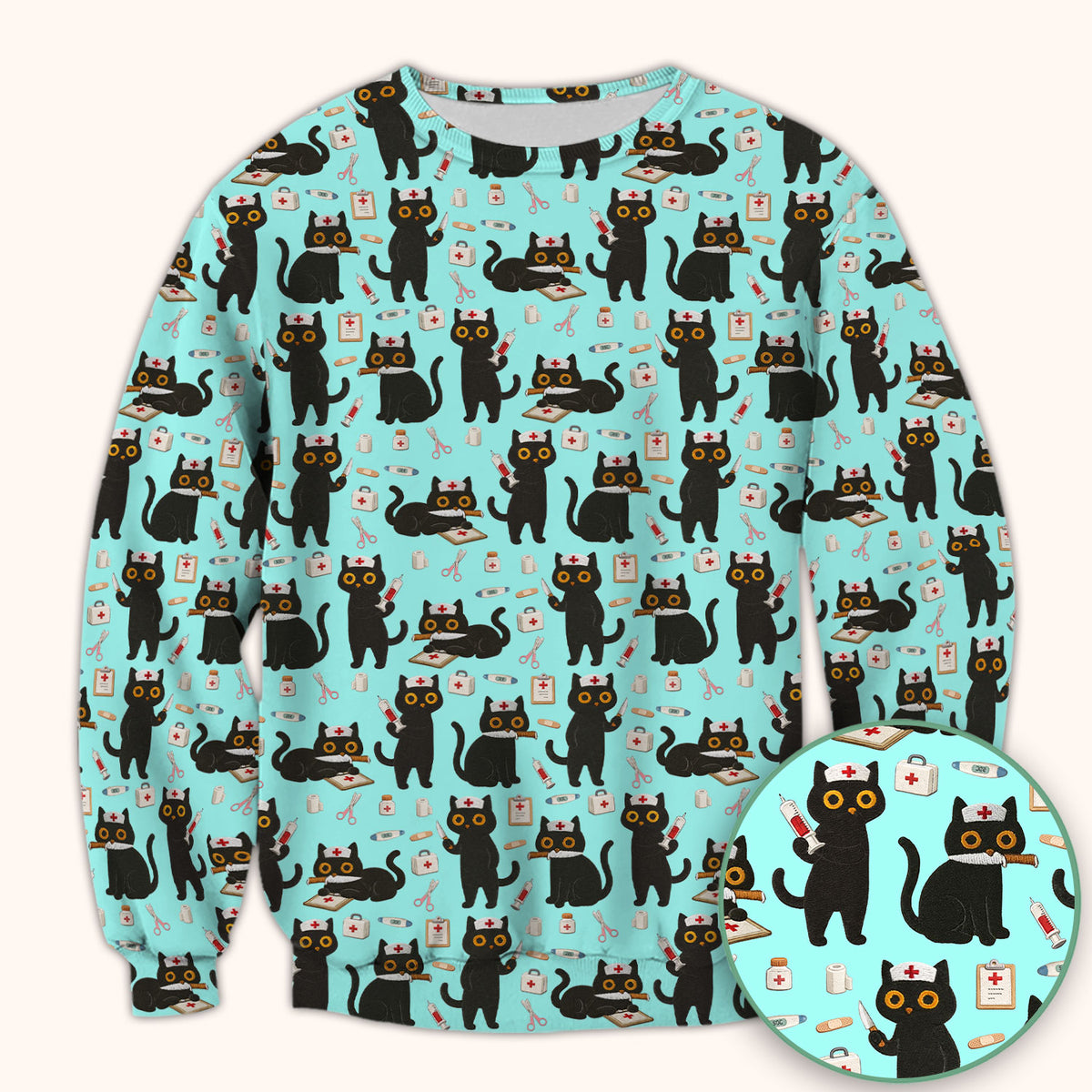 Cute Black Cat Nurse Pattern Scrub Top, Comfortable Scrubs for Nurses