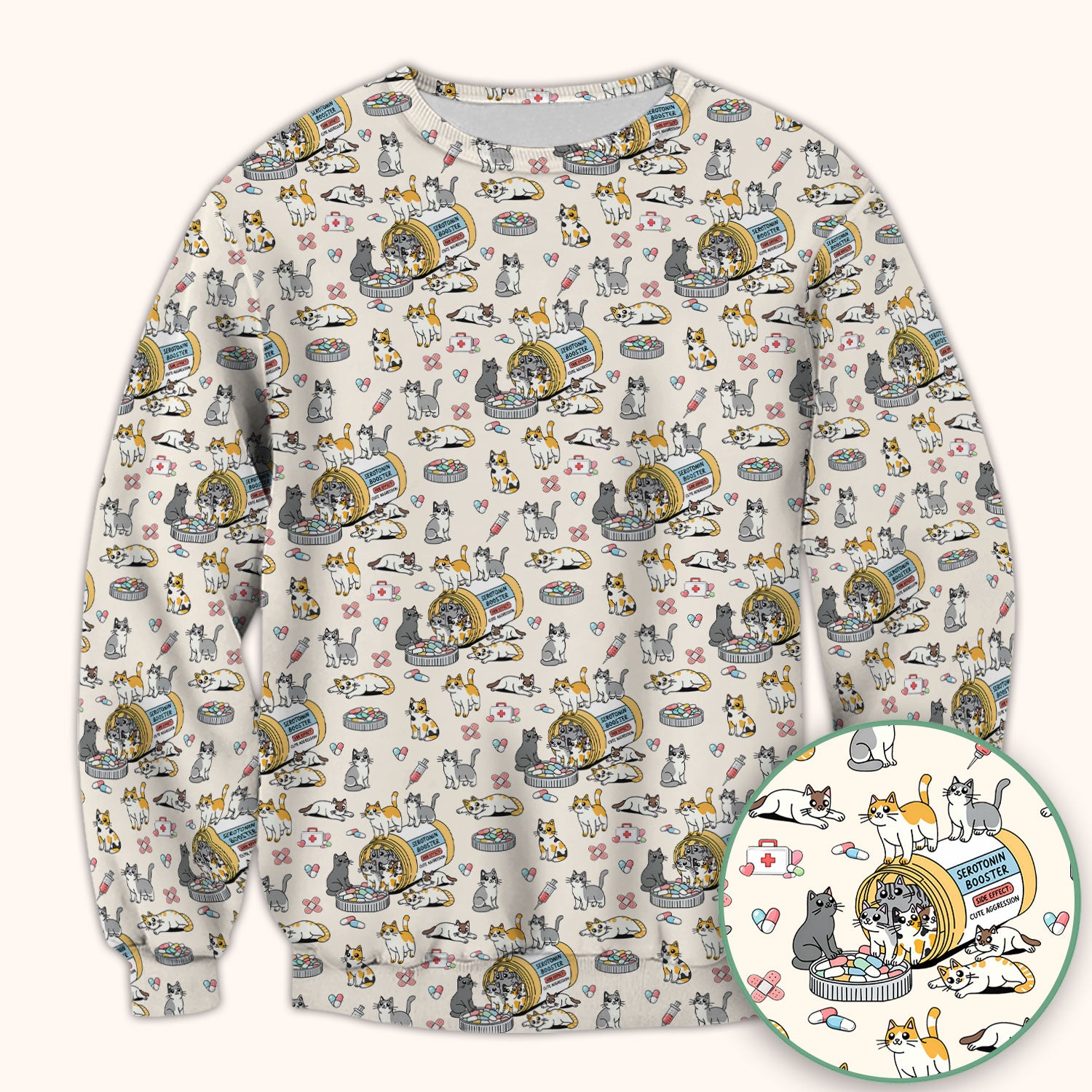 Cute Cat Serotonin Booster Pattern Scrub Top, Comfortable Scrubs for Nurses