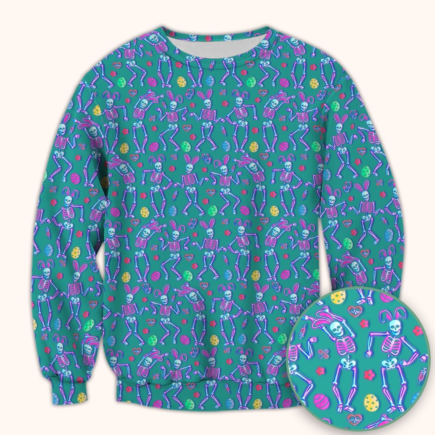 Neon Easter Skeleton Pattern Scrub Top, Comfortable Scrubs for Nurses