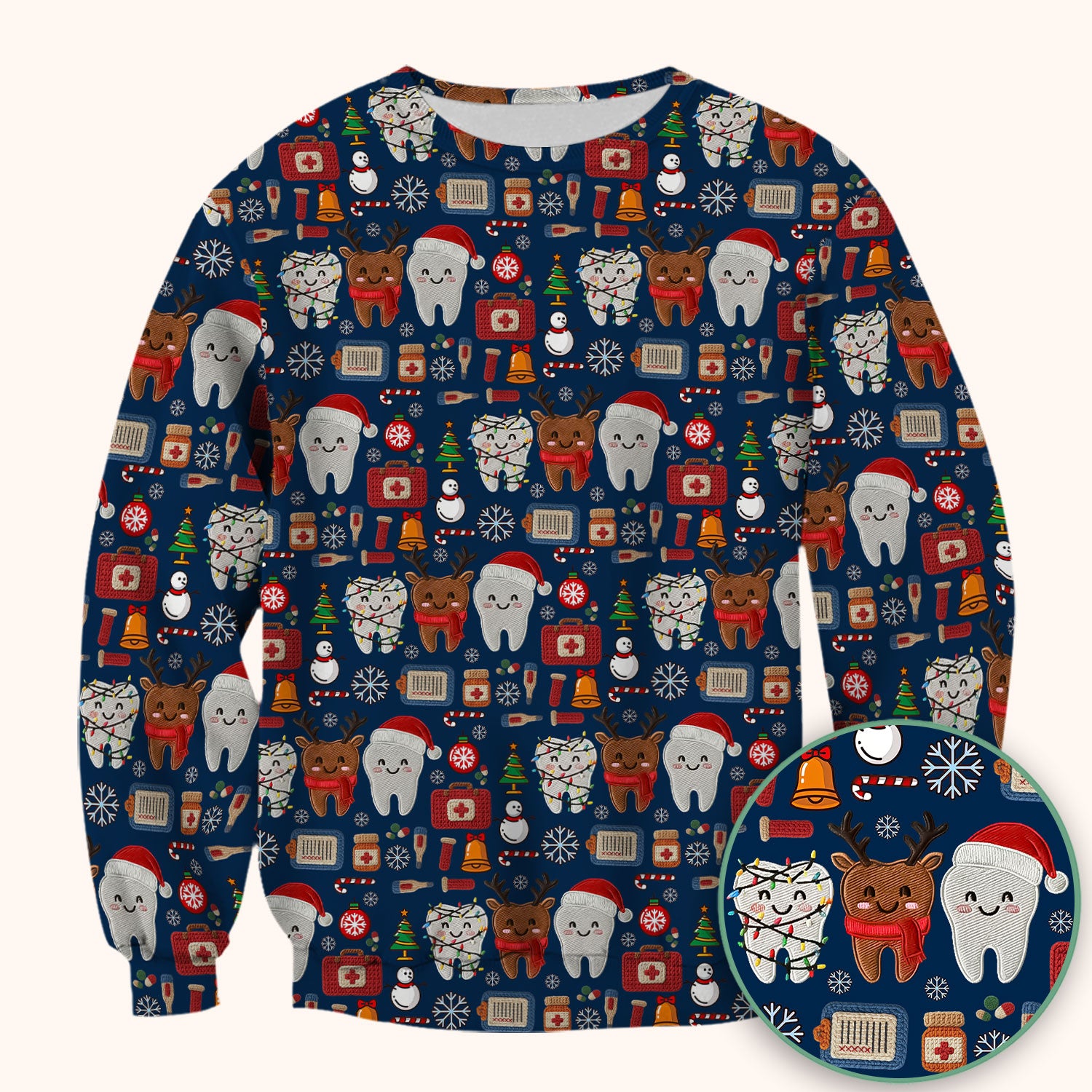 Christmas Dental Scrub Top - Cute Santa & Reindeer Tooth Shirt - Funny Holiday Medical Uniform for Dentists, Hygienists & Nurses