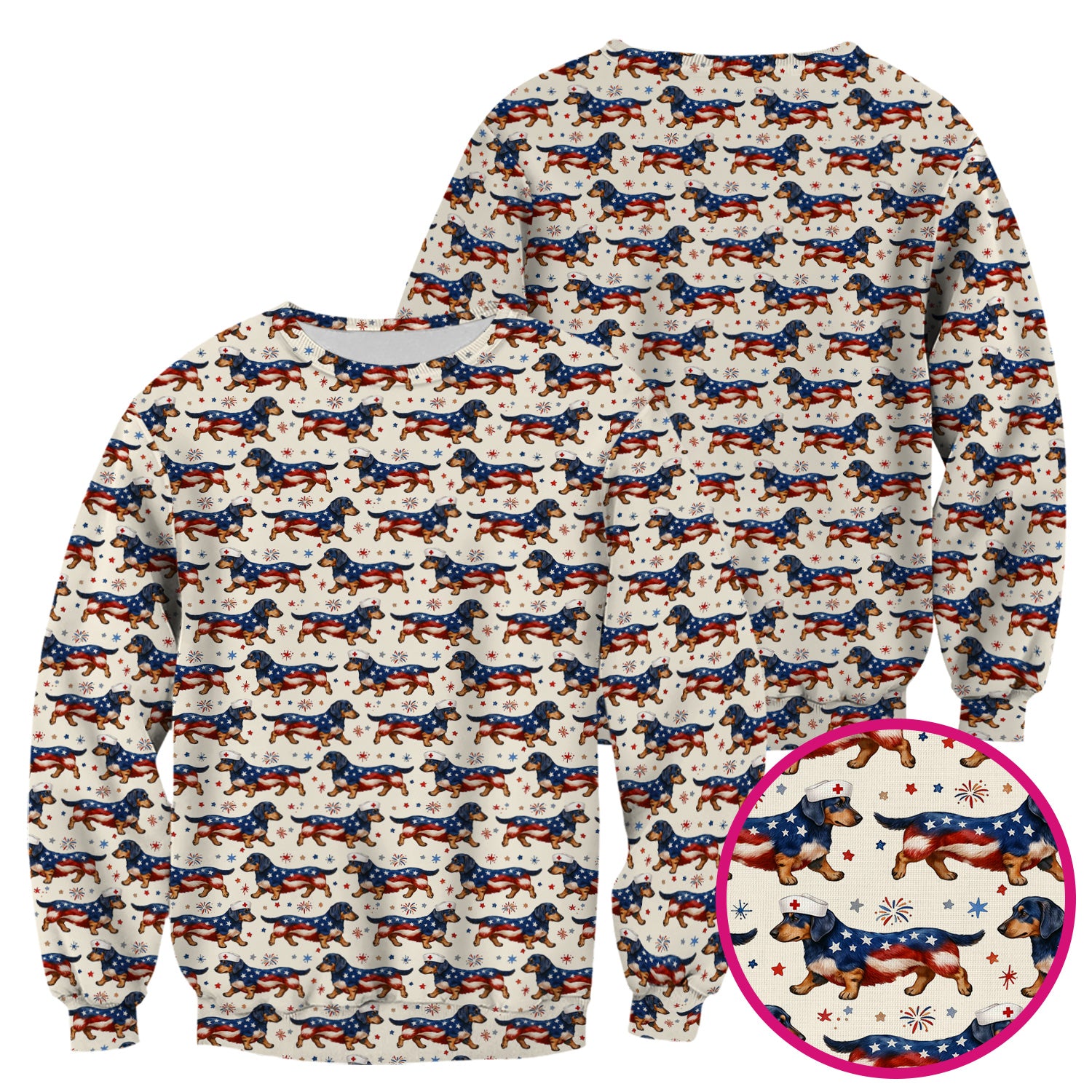 Patriotic Dachshund Dog American Flag Pattern Nurse Scrub Top, Breathable Fabrics Nursing Uniform