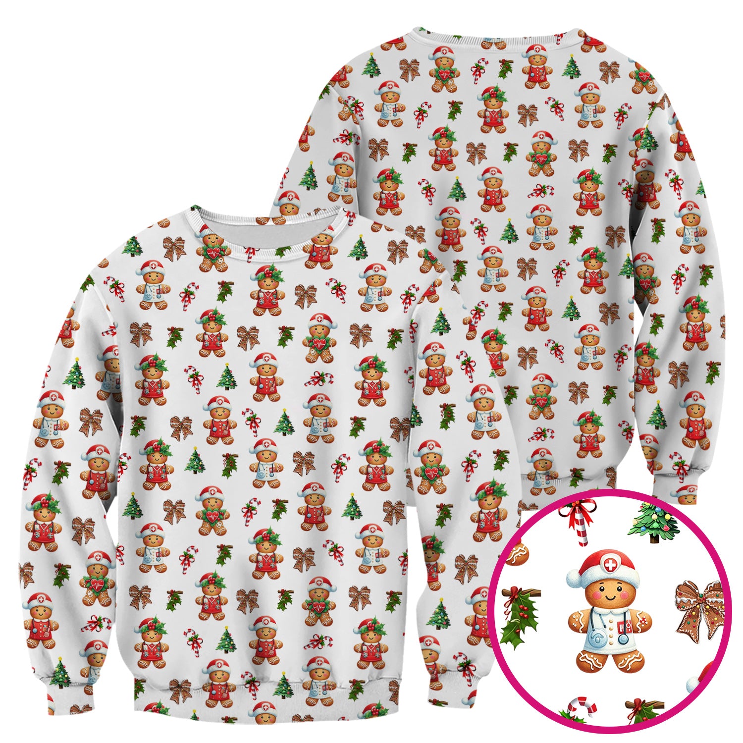 Funny Christmas Scrub Top for Nurse - Adorable Gingerbread Candy Cane Bow- Festive Medical Uniform for Women