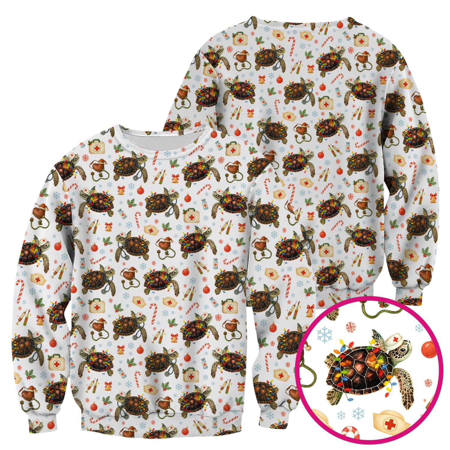 Funny Christmas Scrub Top - Sea Turtle with Xmas Lights Shirt - Holiday Nurse Scrubs for Women
