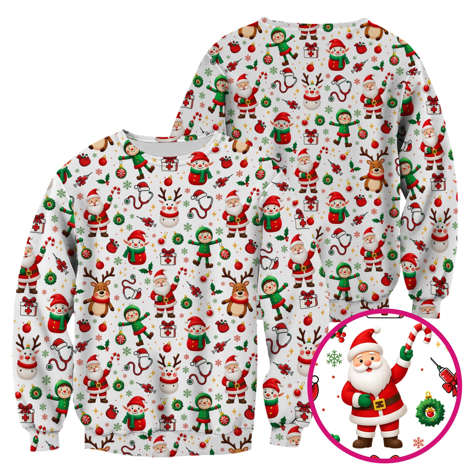 Santa Christmas Scrub Top - Cute Holiday Nurse Medical Shirt - Festive Reindeer Med Uniform for Women RN CNA LPN