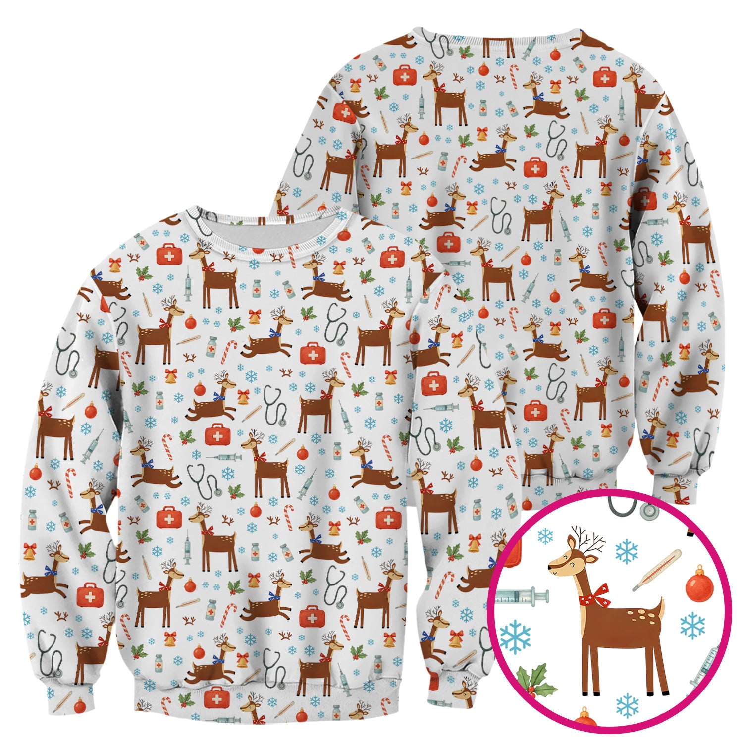Christmas Reindeer Scrub Top for Nurses - Cute Reindeers Snowflakes Candy Canes Shirt - Comfortable Med Uniform