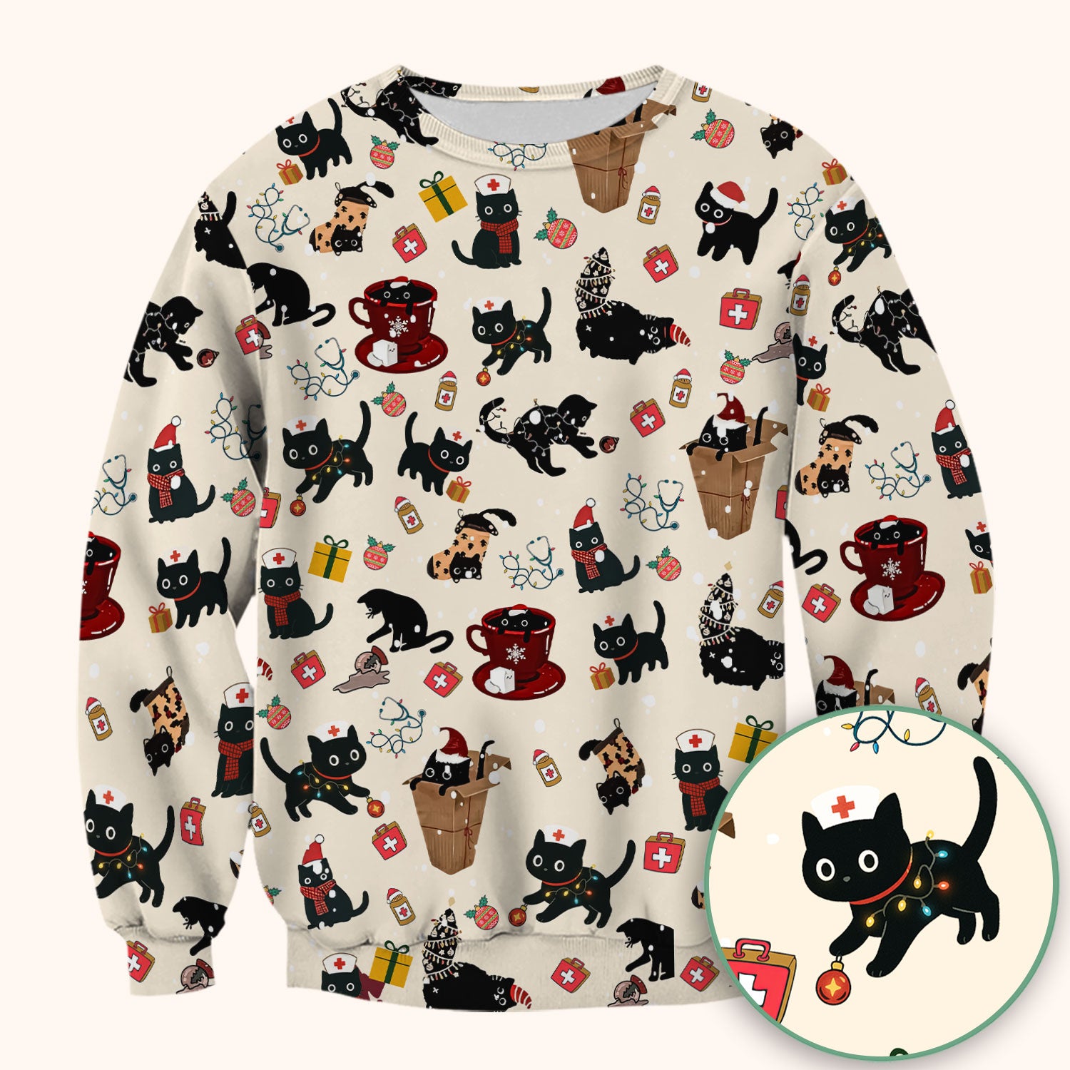 Christmas Cat Scrub Top for Nurse - Funny Black Cats Shirt - Cute Holiday Medical Uniform for Women