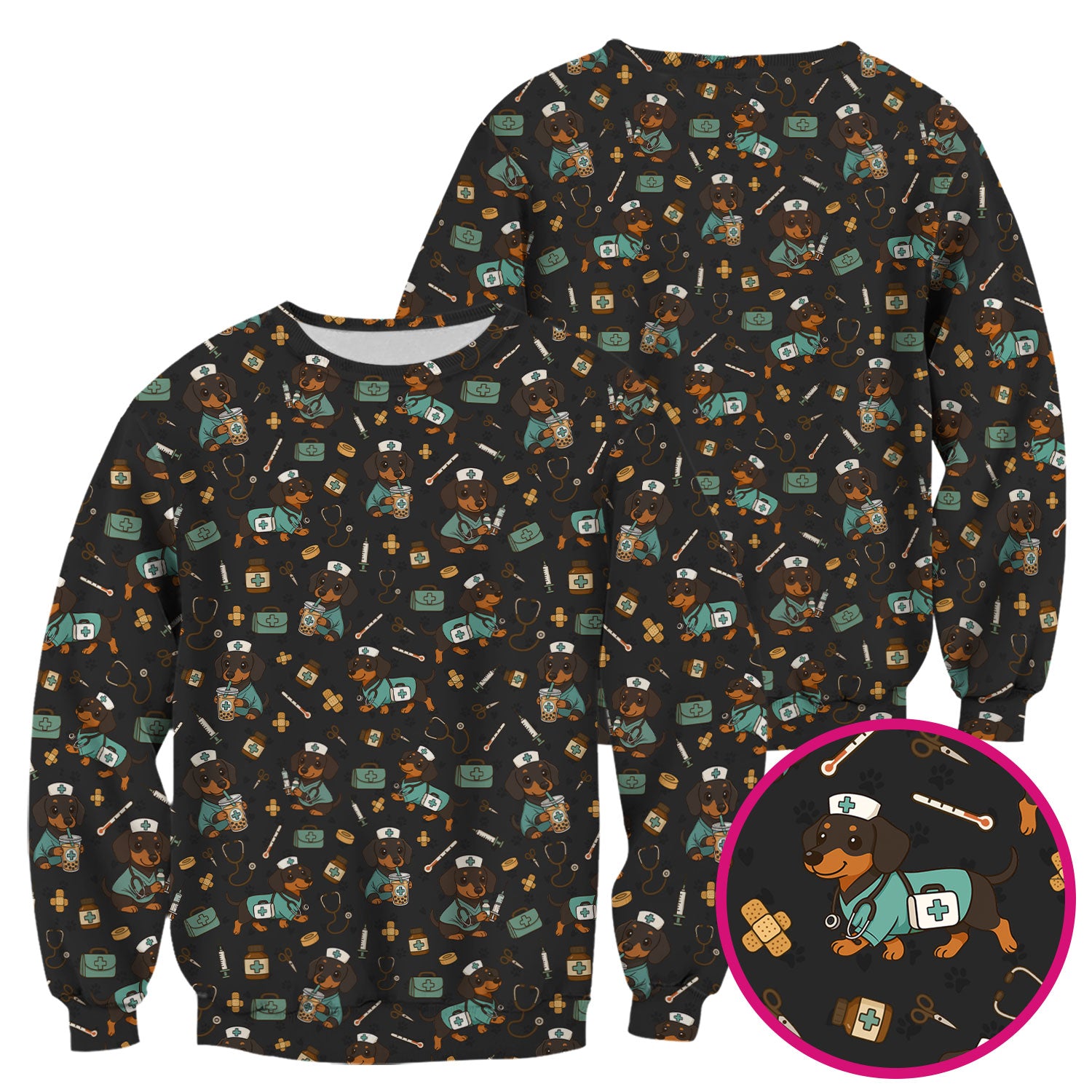 Funny Dachshund Nurse Scrubs - Cute Dog Print Medical Shirt - Holiday Nurse Scrub Top Gift for RN CNA Doctor, Women & Men