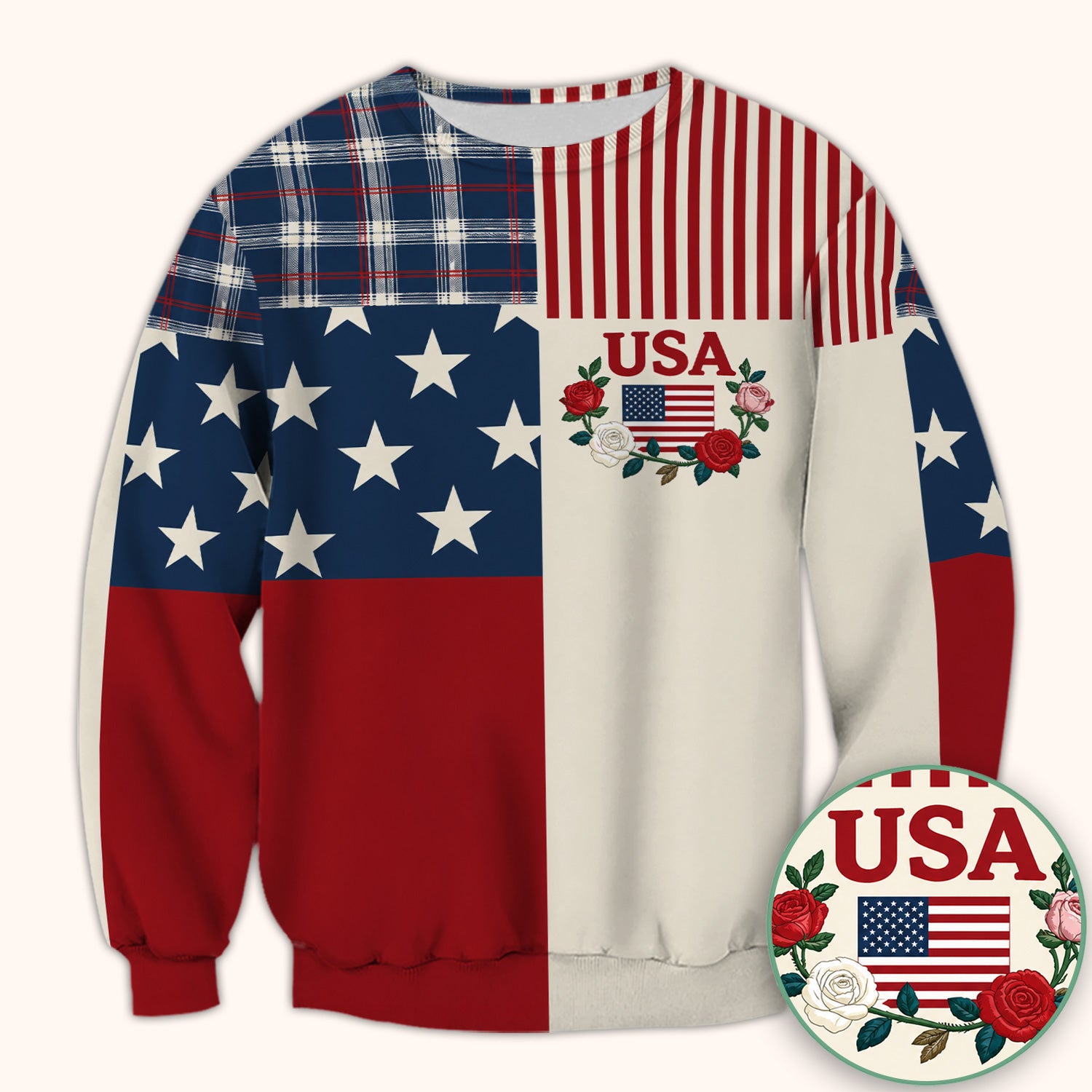 USA Flag Rose Patchwork Pattern Scrub Top, Comfortable Scrubs for Nurses