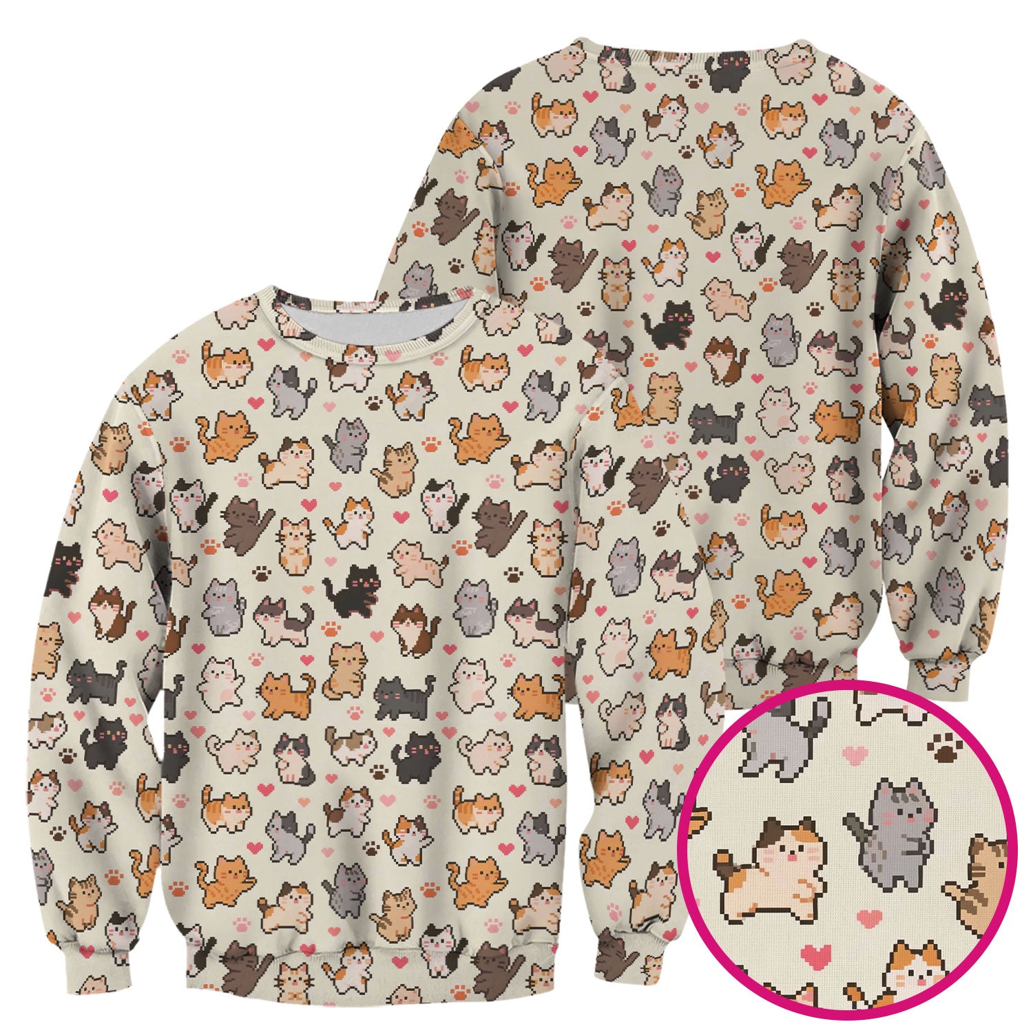 Cute Pixel Cat Heart Paw Pattern Scrub Top, Breathable Fabrics Nursing Uniform