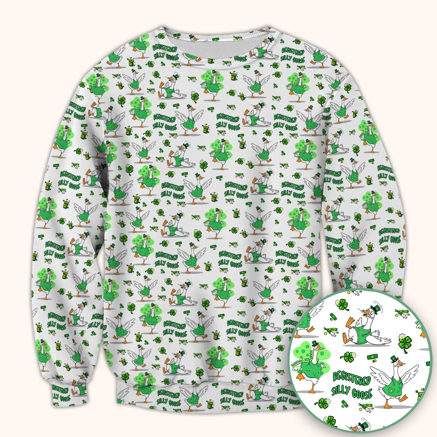 Silly Goose St. Patrick’s Day Scrub Top, Funny Goose Shamrock Pattern Nurse Scrub Shirt, Irish Green Nursing Uniform