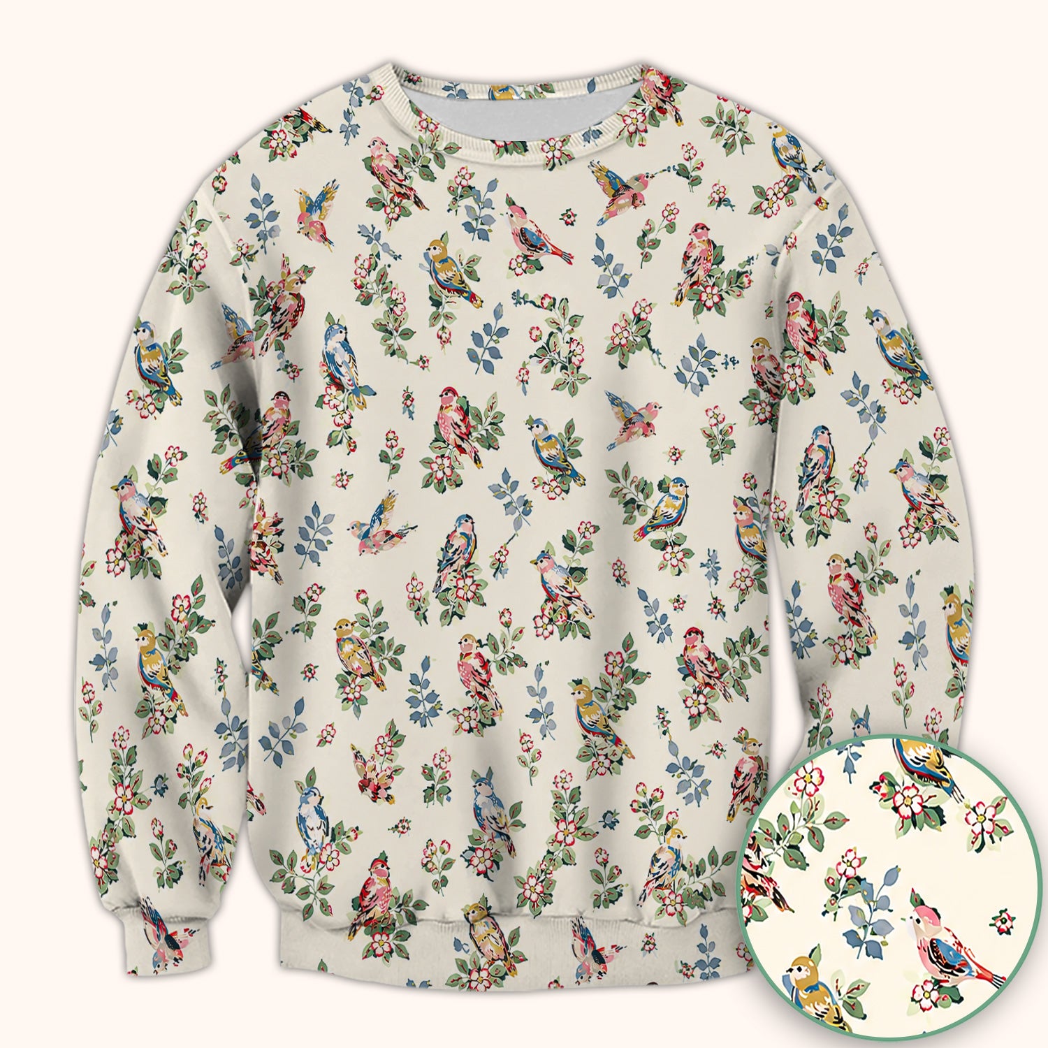 Cute Vintage Birds Blossom Pattern Scrub Top, Comfortable Scrubs for Nurses