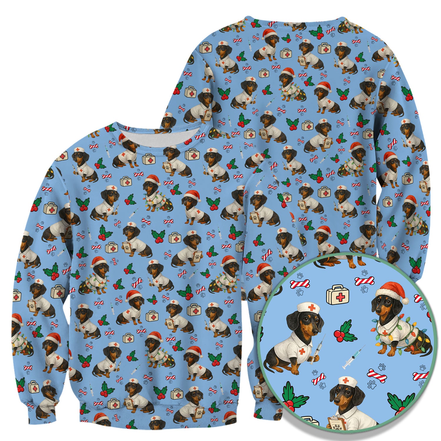 Dachshund Nurse Christmas Scrub Shirt - Cute Sausage Dog Scrub Top Multi Colors - Funny Holiday Nursing Workwear with Pockets