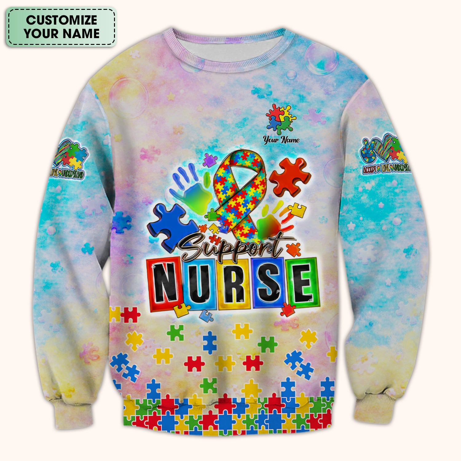 Personalized Inspirational Autism Awareness Nurse Puzzle Ribbon Pattern Scrub Top, Comfortable Scrubs For Nurses