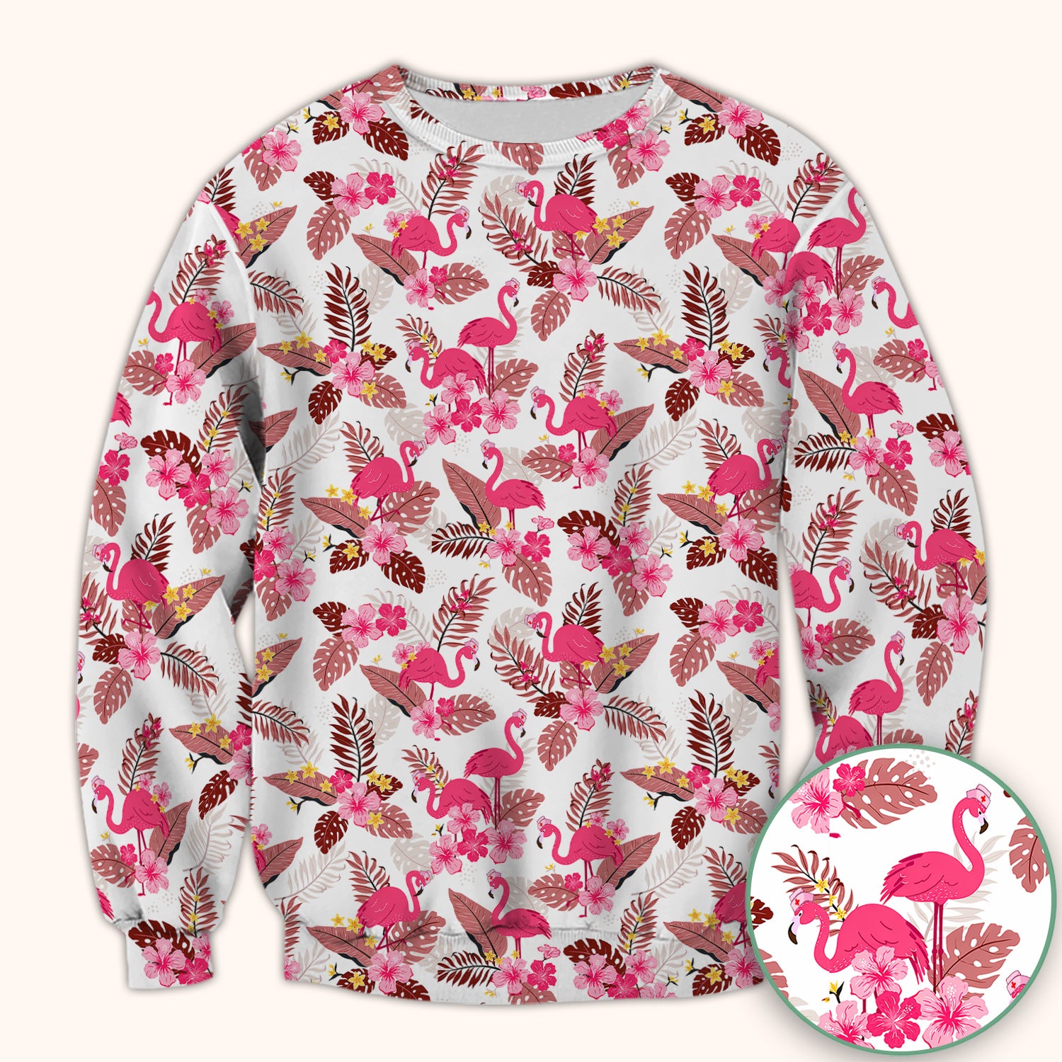 Pink Flamingo Tropical Floral Scrub Top, Breathable Fabrics Nursing Uniform