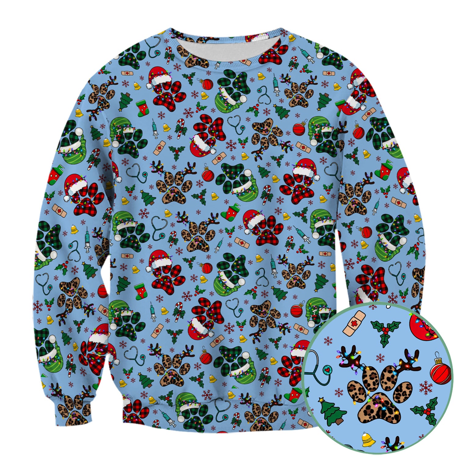 Christmas Paw Print Scrub Top for Nurses - Cute Leopard Holiday Pattern - Funny Festive Medical Uniform Gift