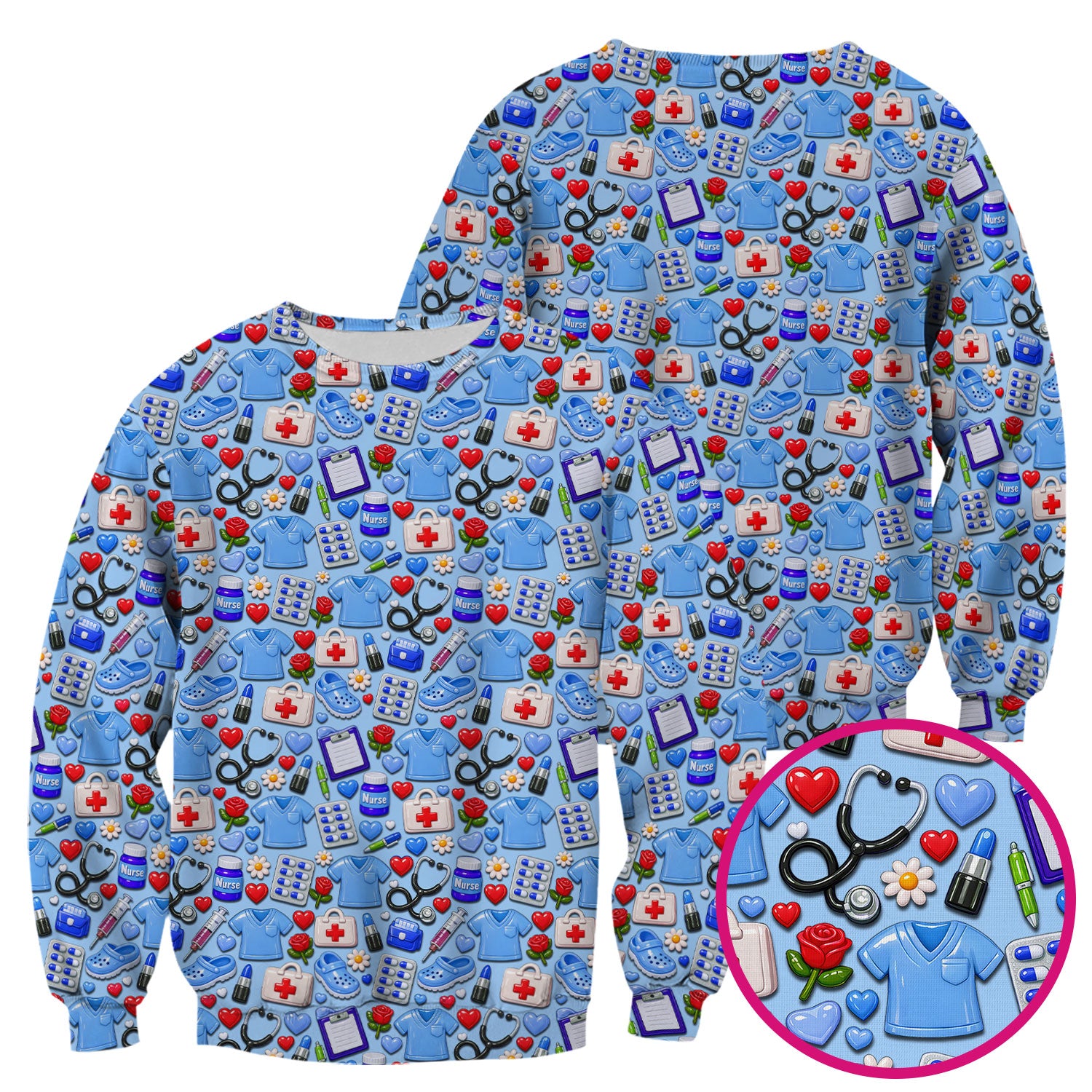 Medical Icons Scrub Top, Cute Pattern Nurse Shirt, Breathable Fabrics Nursing Uniform