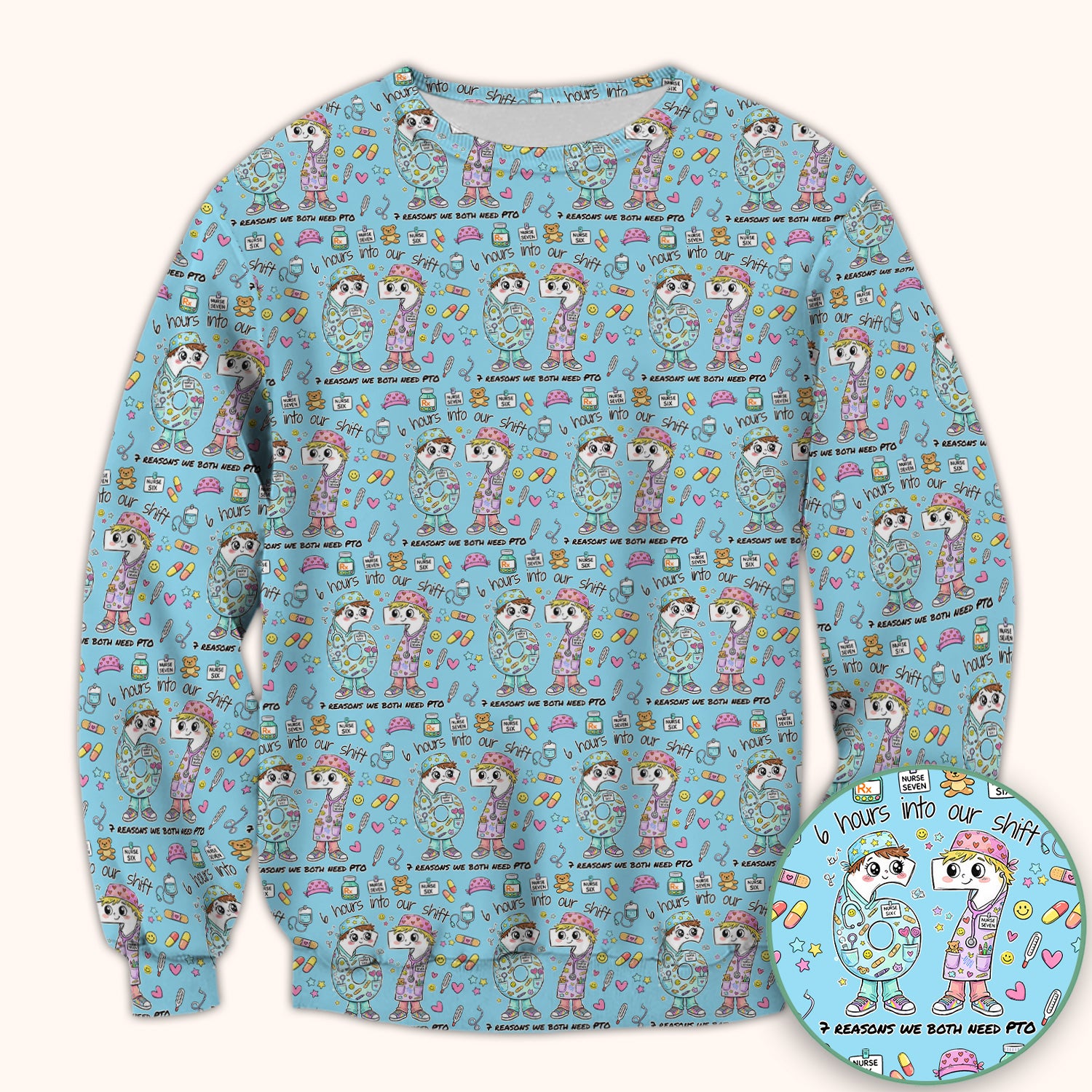 Cartoon Characters Six Hours Into Shift With Medical Doodle Scrub Top, Breathable Fabrics Nursing Uniform